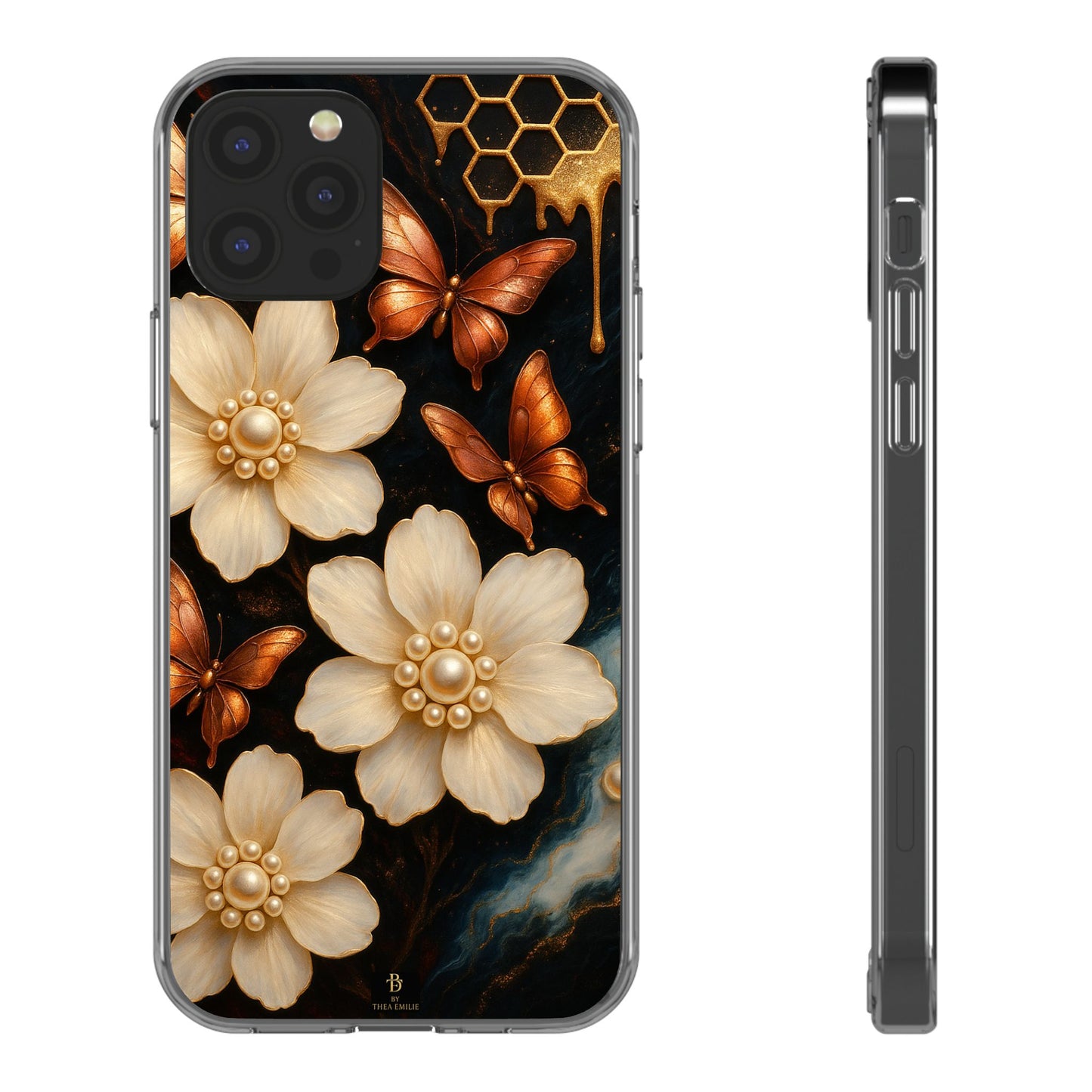 Golden Butterfly & Floral Clear Phone Case – Elegant Pearl & Honeycomb Design for iPhone