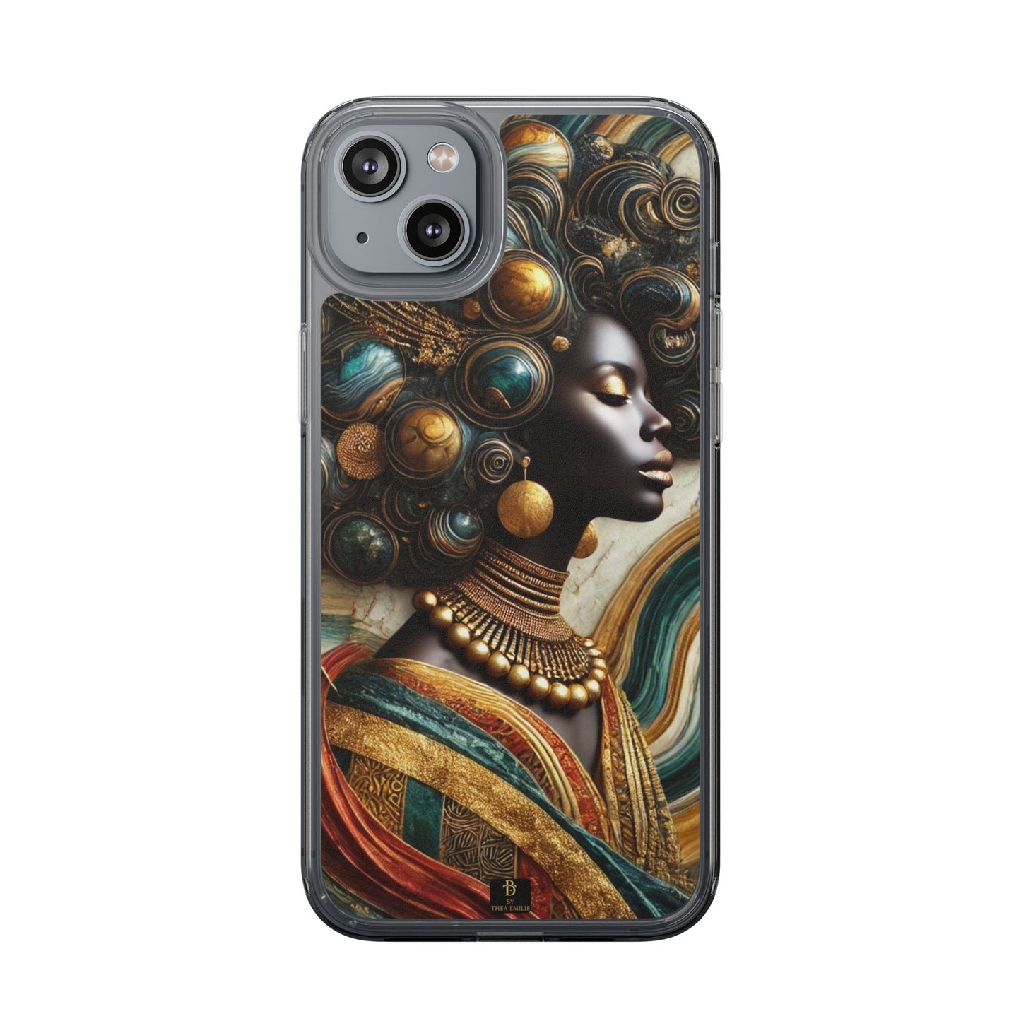 Majestic Queen Clear Phone Case – Afro Art Style with Gold & Teal Accents