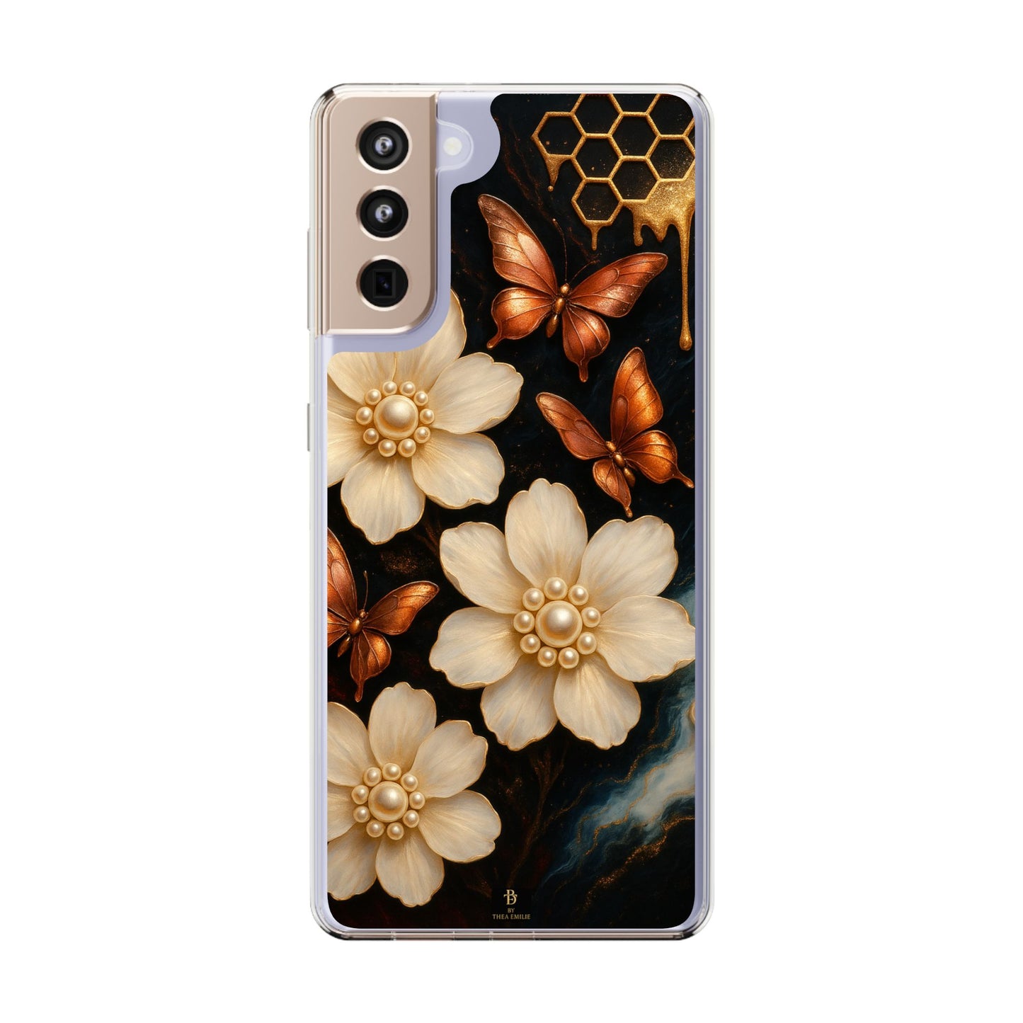 Golden Butterfly & Floral Clear Phone Case – Elegant Pearl & Honeycomb Design for iPhone