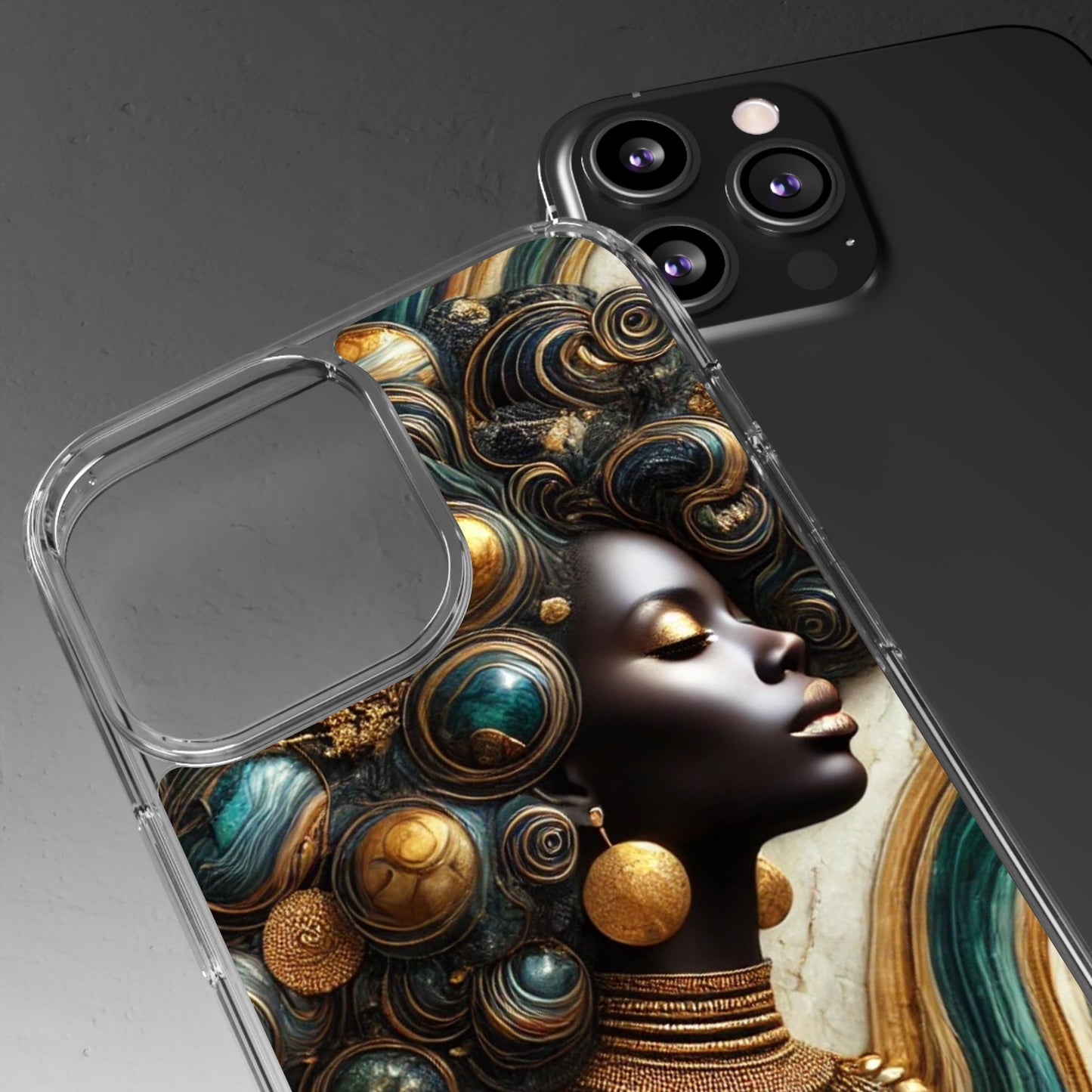 Majestic Queen Clear Phone Case – Afro Art Style with Gold & Teal Accents