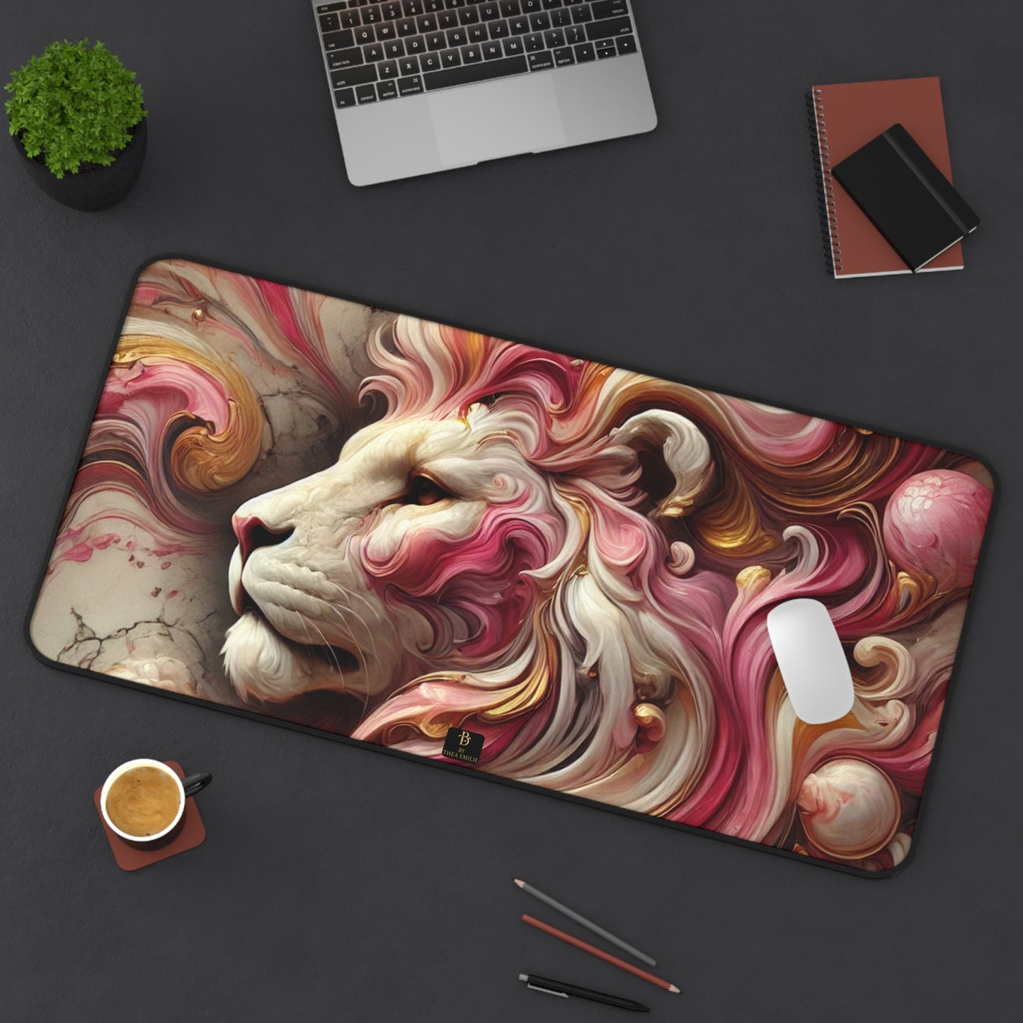 Artistic Lion Desk Mat – Luxury Marble Mouse Pad with Flowing Mane Design in 3 Sizes
