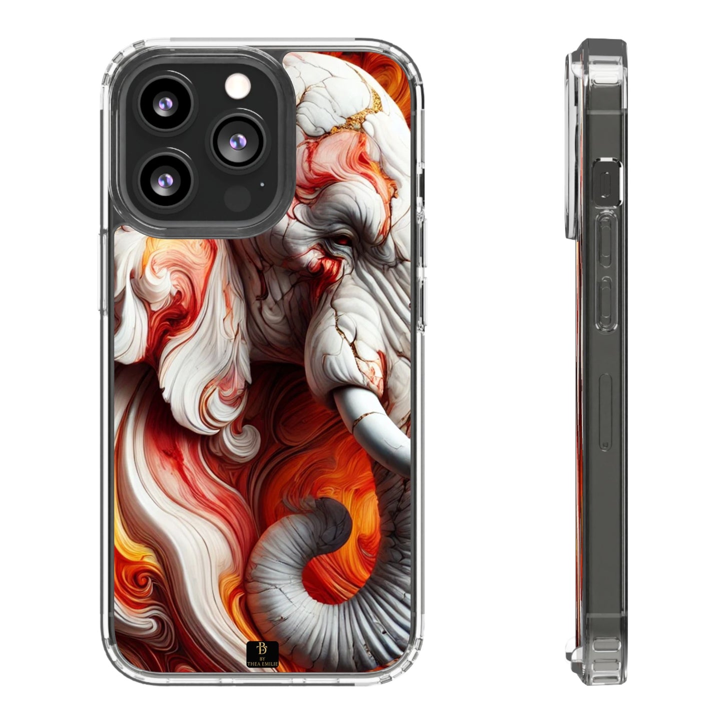 Fiery Marble Elephant Clear Phone Case – Bold Red & Orange Artistic Design for iPhone