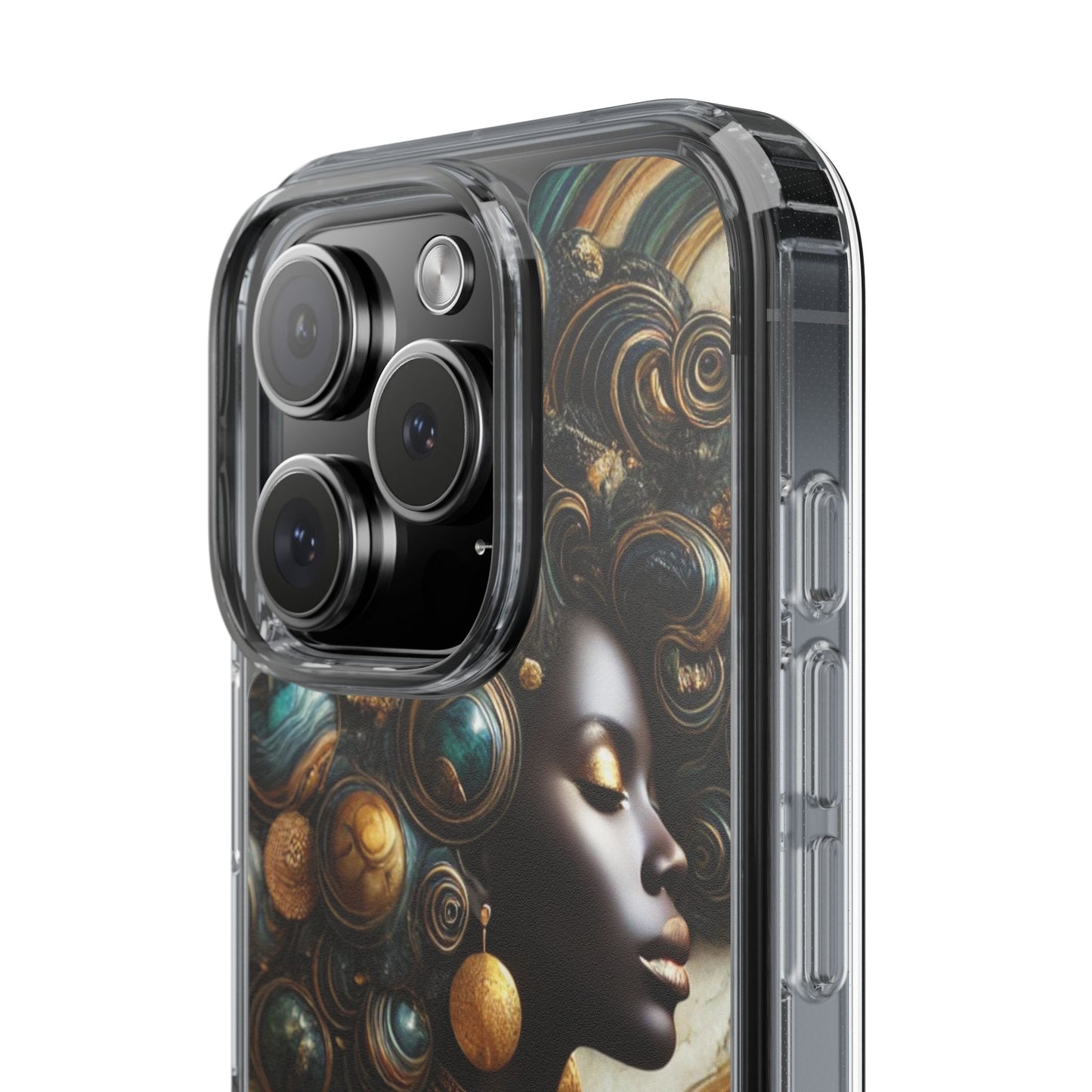 Majestic Queen Clear Phone Case – Afro Art Style with Gold & Teal Accents