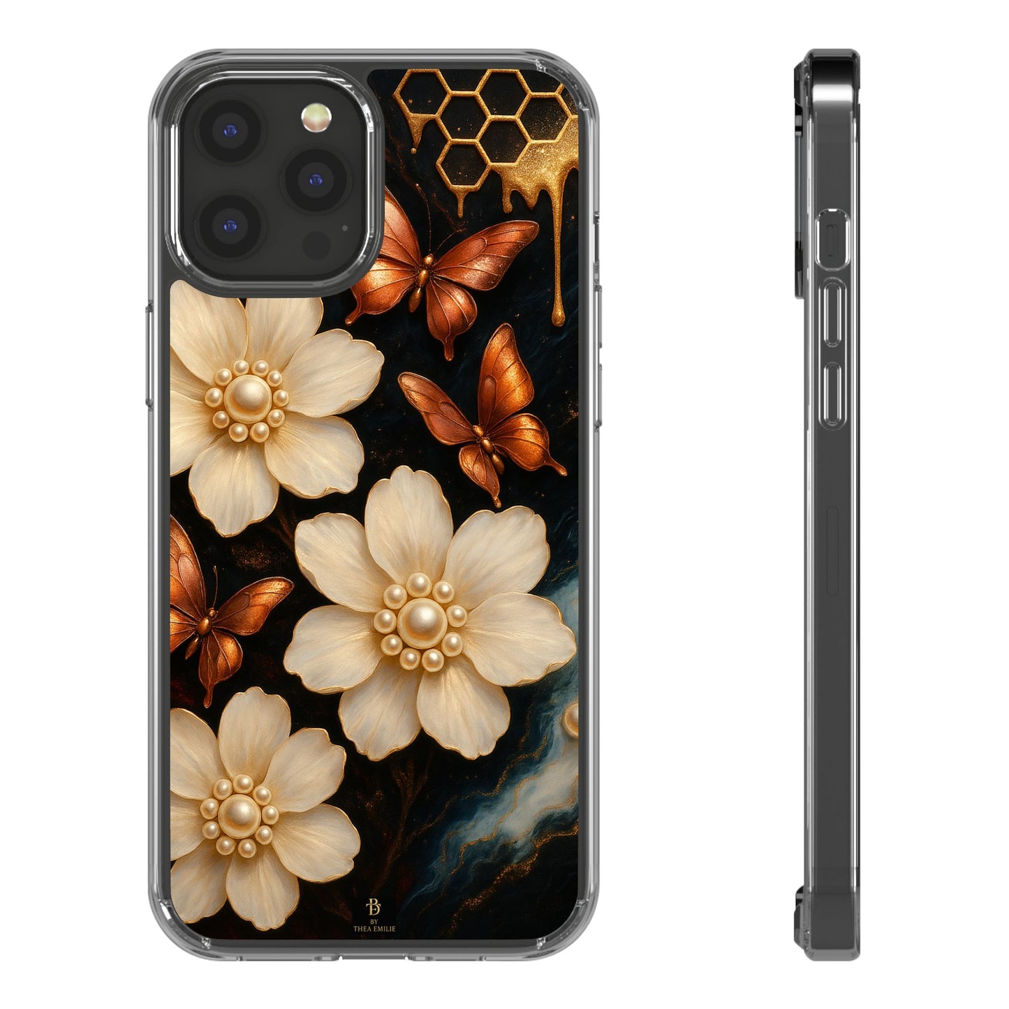 Golden Butterfly & Floral Clear Phone Case – Elegant Pearl & Honeycomb Design for iPhone