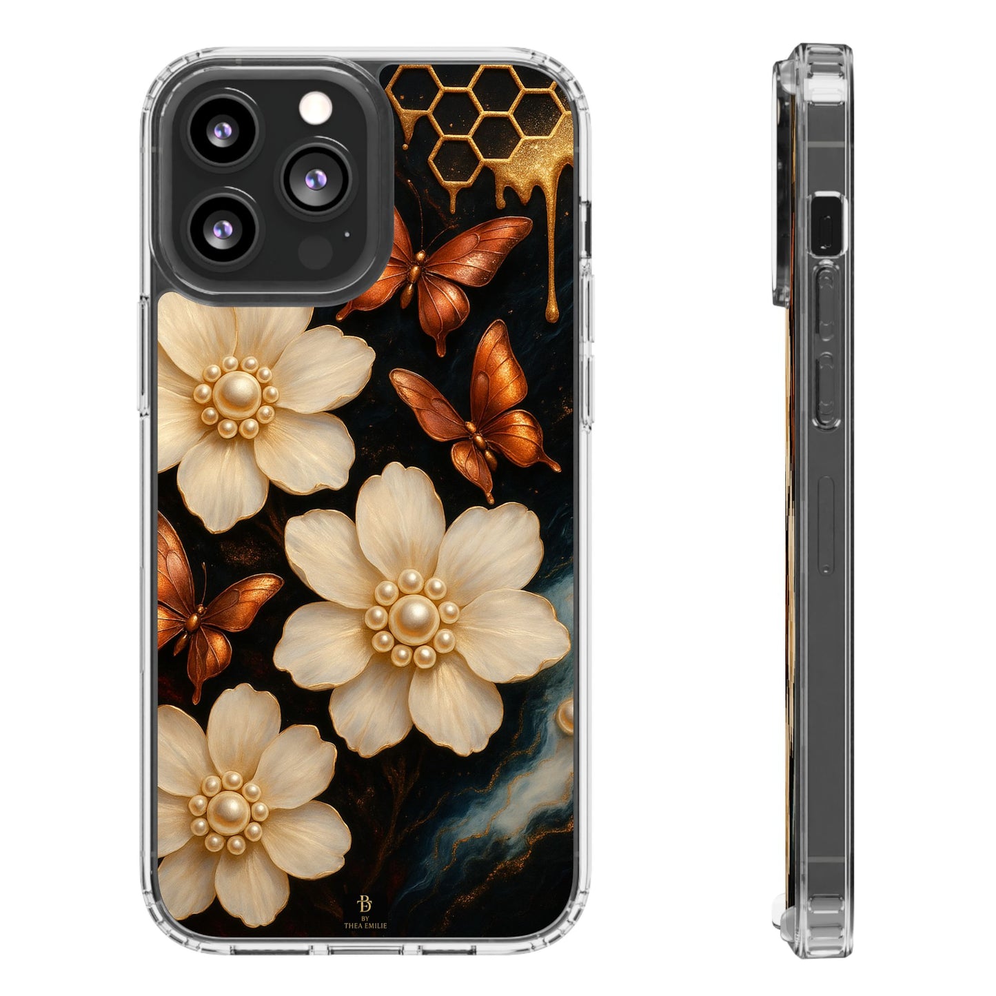 Golden Butterfly & Floral Clear Phone Case – Elegant Pearl & Honeycomb Design for iPhone
