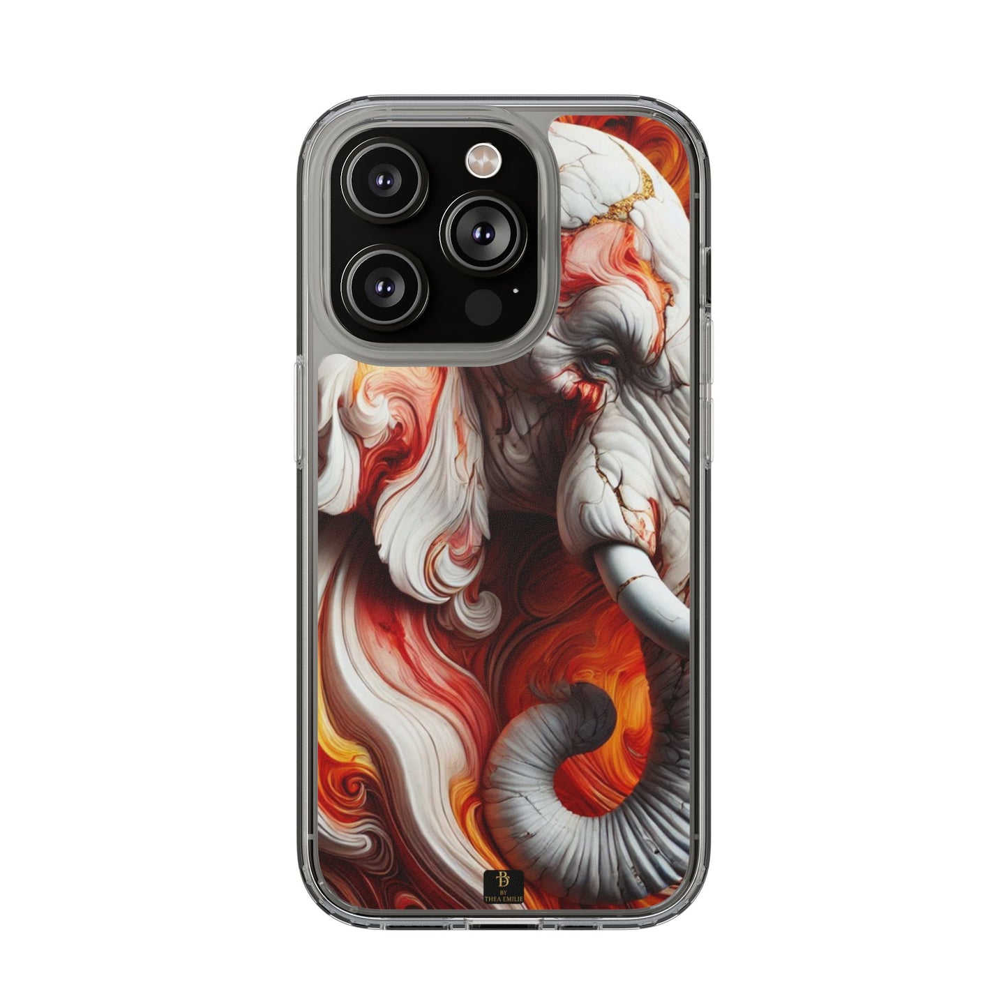 Fiery Marble Elephant Clear Phone Case – Bold Red & Orange Artistic Design for iPhone
