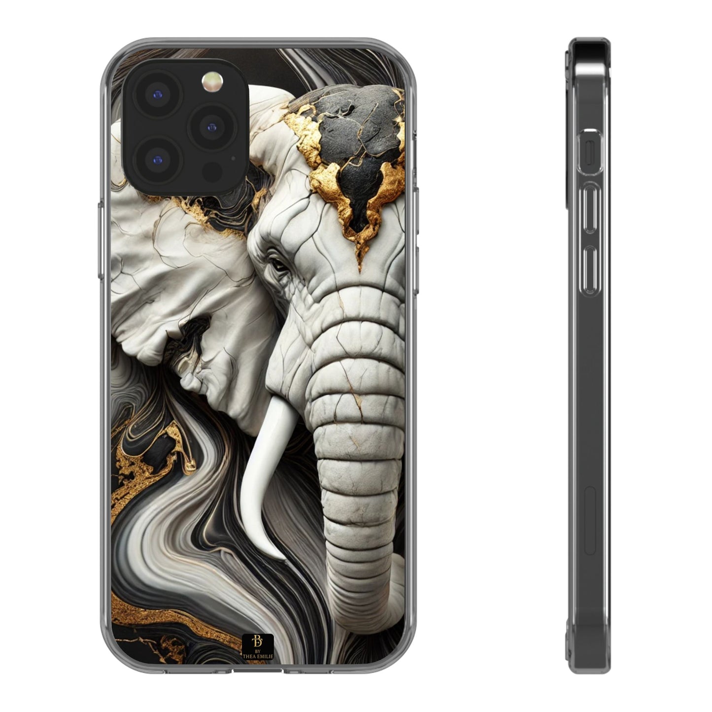 Artistic Elephant Clear Phone Case – Marble & Gold Wildlife Design for iPhone