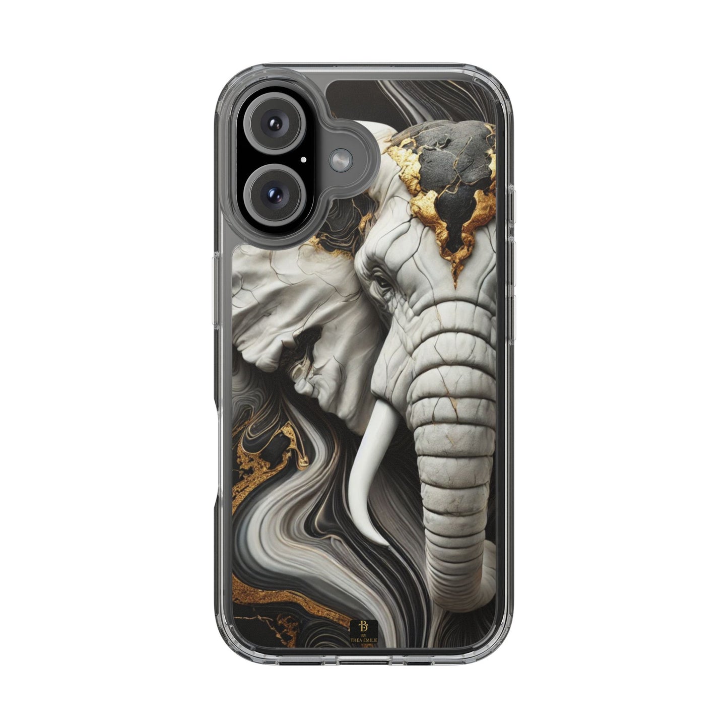 Artistic Elephant Clear Phone Case – Marble & Gold Wildlife Design for iPhone