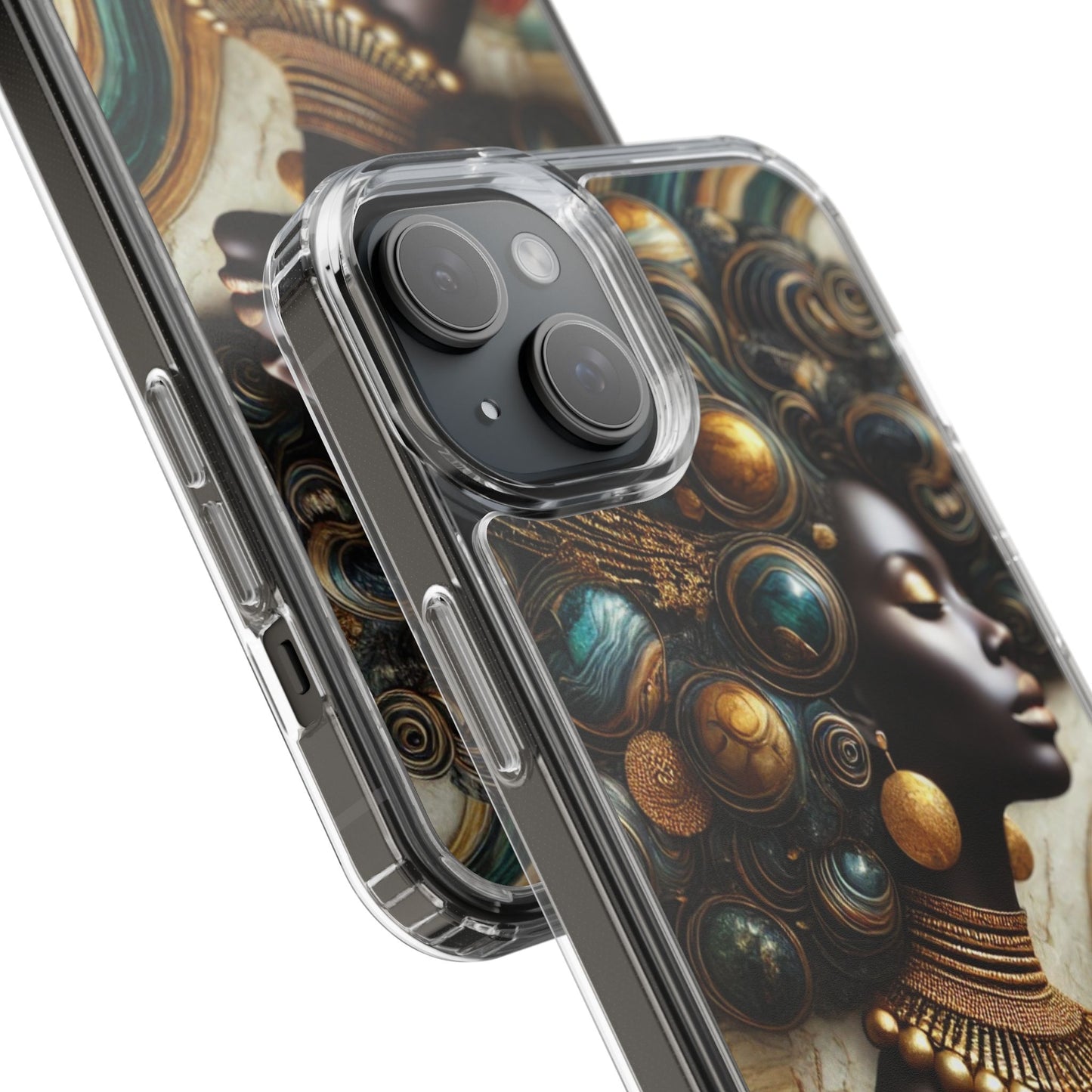 Majestic Queen Clear Phone Case – Afro Art Style with Gold & Teal Accents