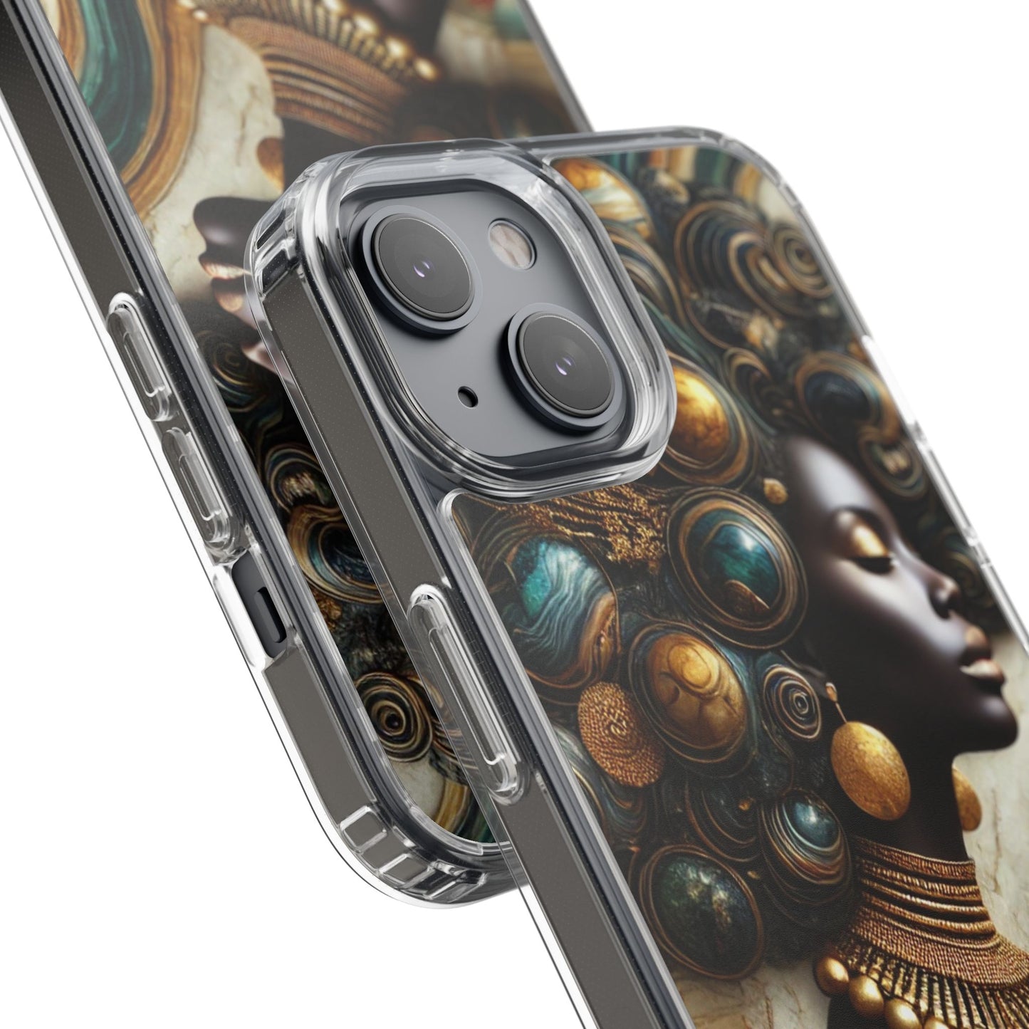 Majestic Queen Clear Phone Case – Afro Art Style with Gold & Teal Accents