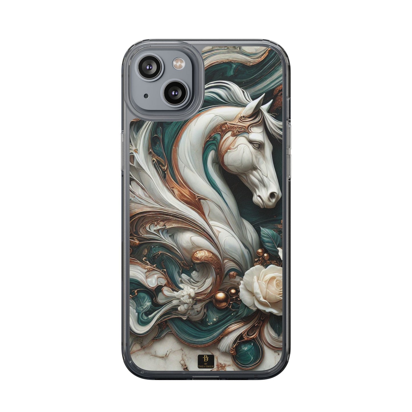 Artistic Horse Clear Phone Case – Teal & Bronze Marble Design with White Rose, Compatible with iPhone