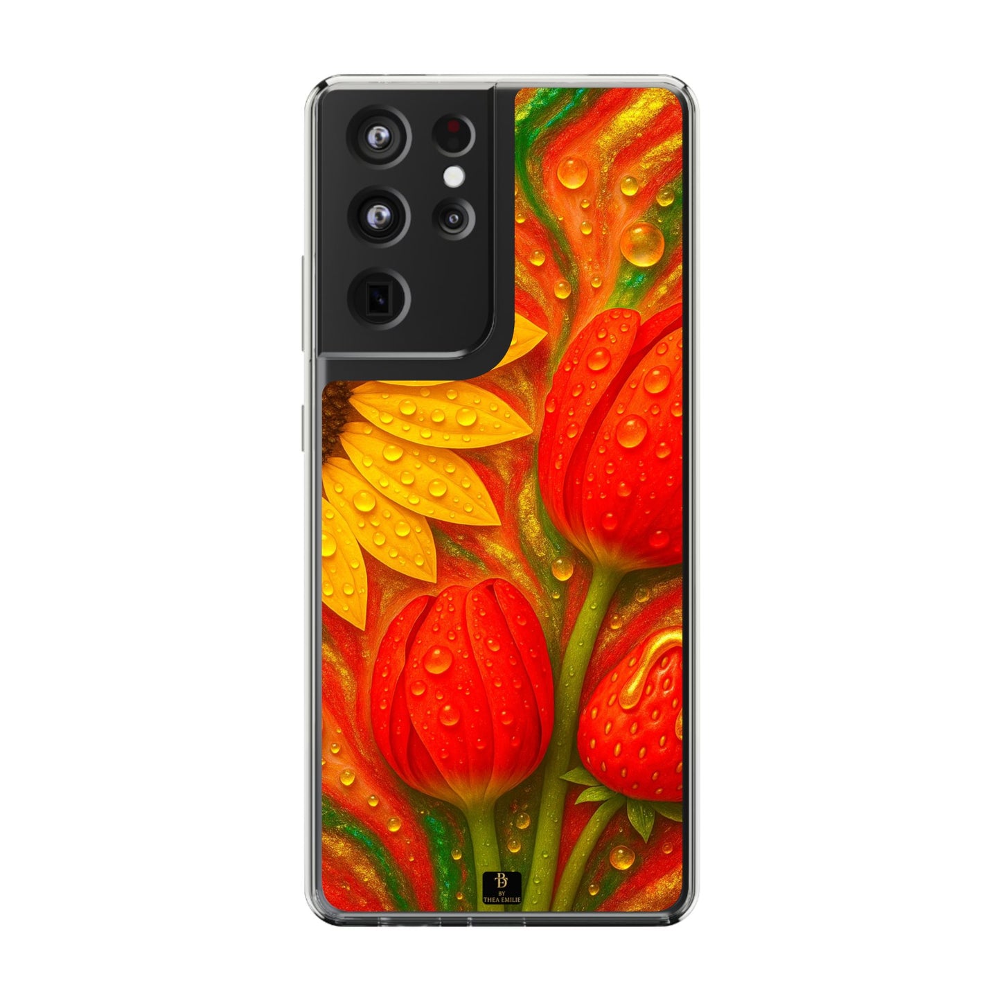 Sunflower Tulips Clear Phone Case - Red Green Gold Marble Design for iPhone