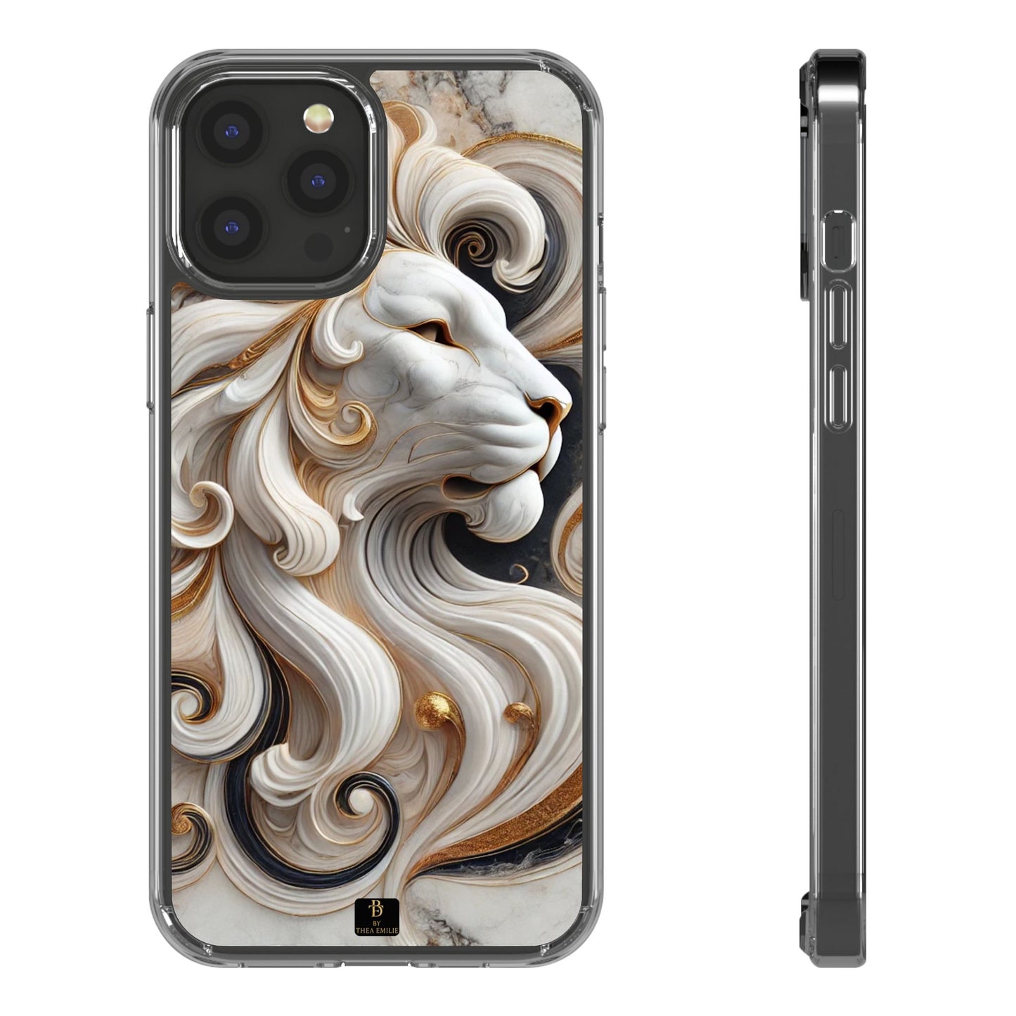 Artistic Lion Clear Phone Case – Marble Gold Design, Stylish Protection for iPhone
