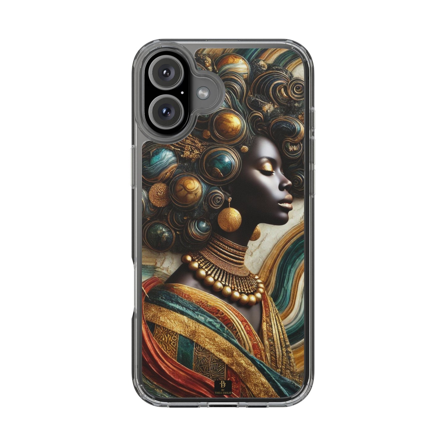 Majestic Queen Clear Phone Case – Afro Art Style with Gold & Teal Accents