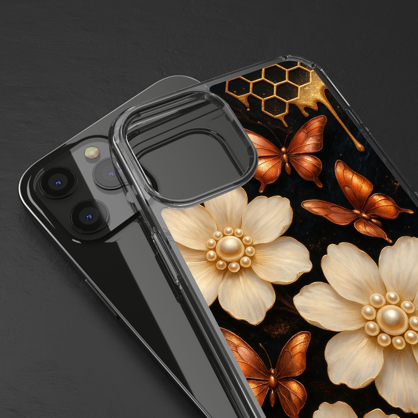Golden Butterfly & Floral Clear Phone Case – Elegant Pearl & Honeycomb Design for iPhone