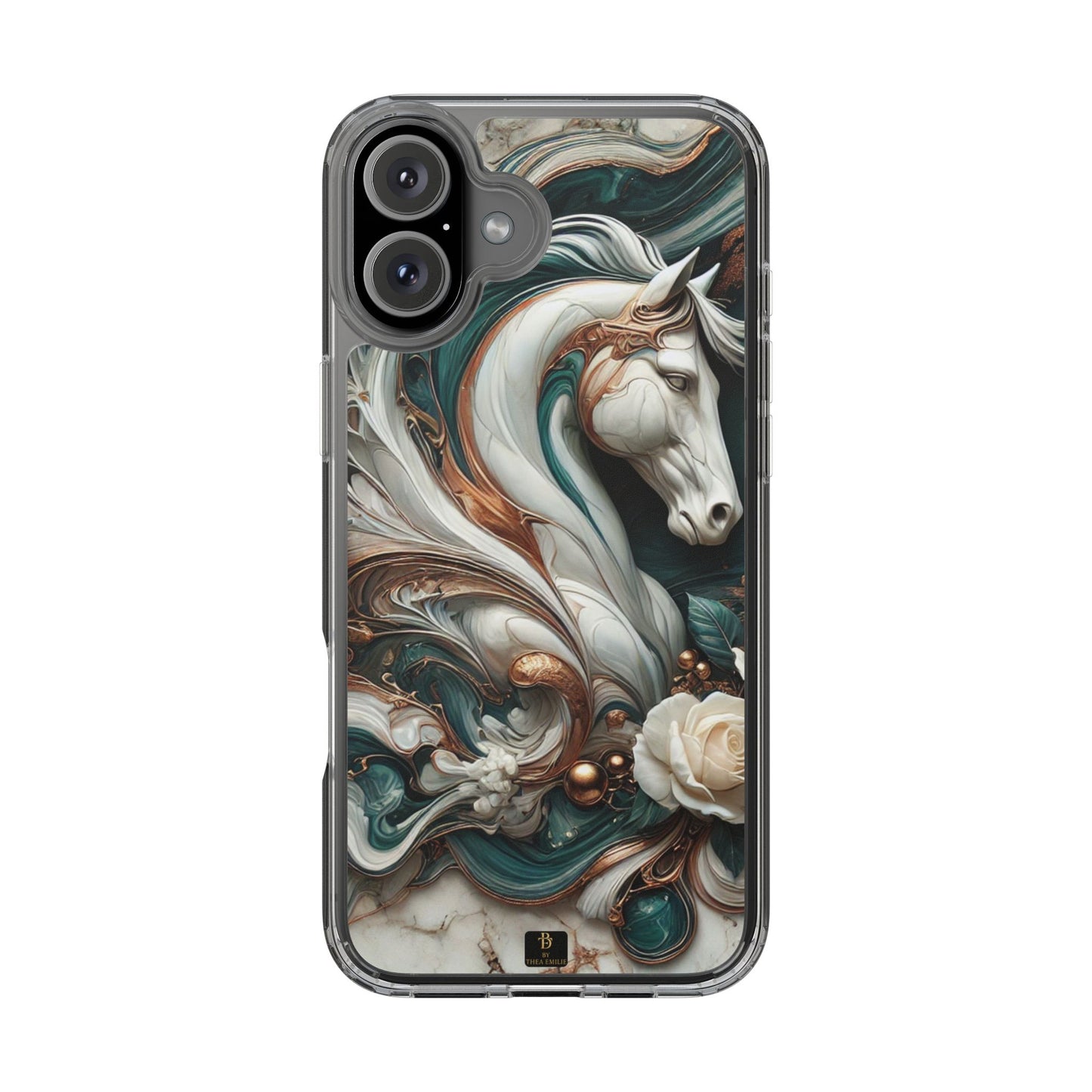 Artistic Horse Clear Phone Case – Teal & Bronze Marble Design with White Rose, Compatible with iPhone