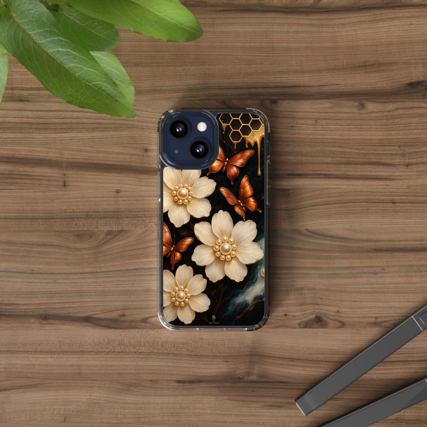 Golden Butterfly & Floral Clear Phone Case – Elegant Pearl & Honeycomb Design for iPhone