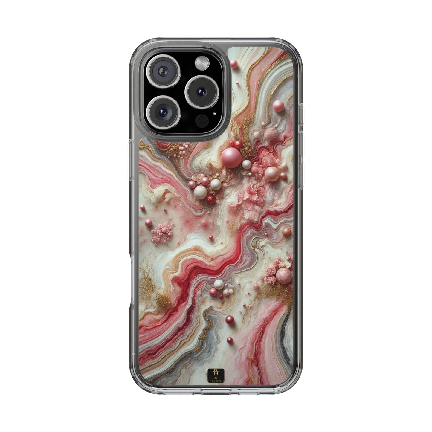 Pink Marble Clear Phone Case – Blush & Gold Abstract Design with Pearls, Compatible with iPhone