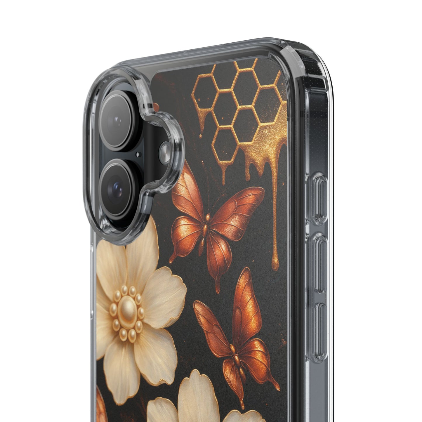 Golden Butterfly & Floral Clear Phone Case – Elegant Pearl & Honeycomb Design for iPhone
