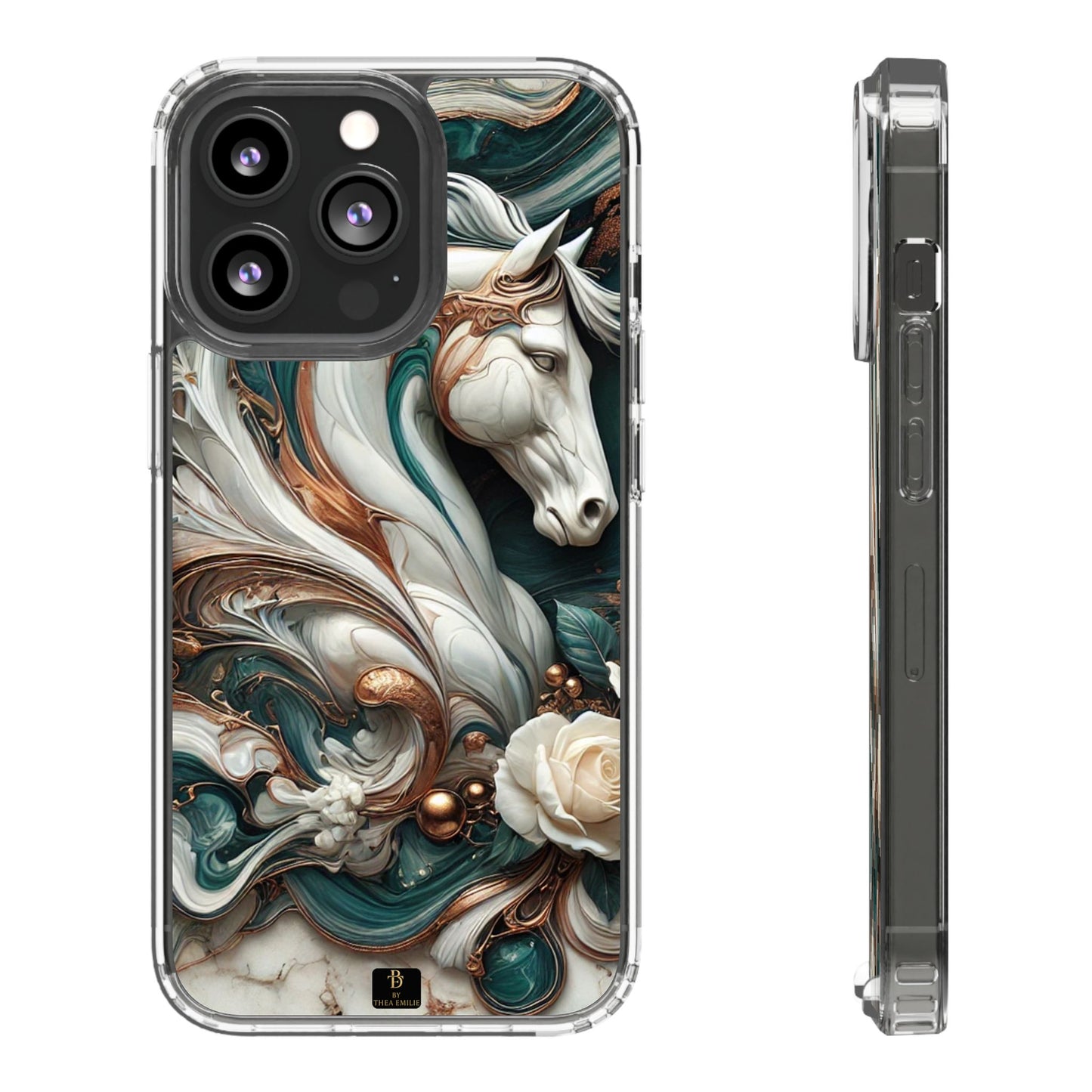 Artistic Horse Clear Phone Case – Teal & Bronze Marble Design with White Rose, Compatible with iPhone
