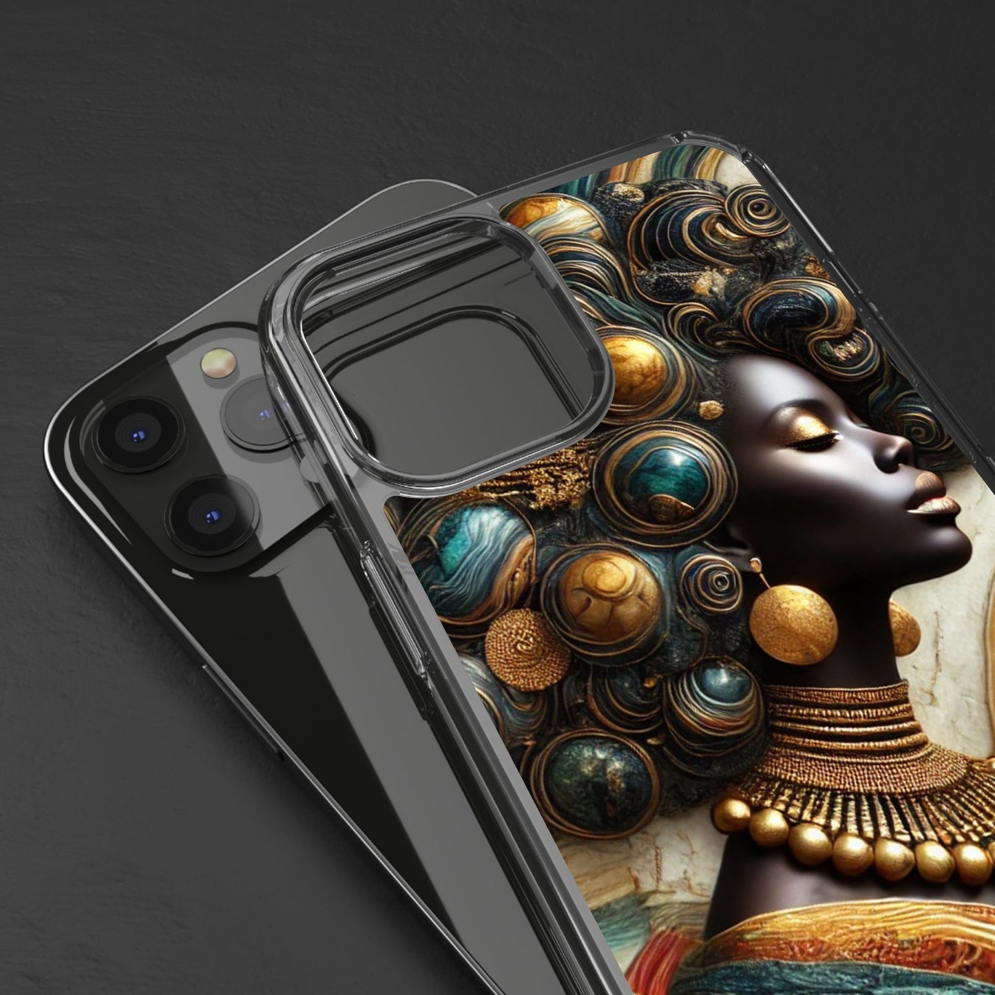 Majestic Queen Clear Phone Case – Afro Art Style with Gold & Teal Accents