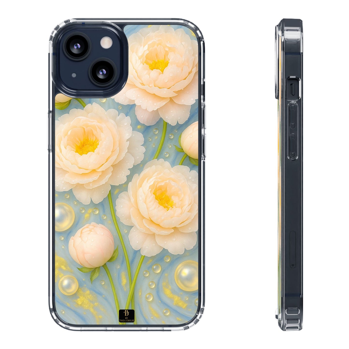 Peonies Marble Phone Case – Blue, White & Gold Artistic Design