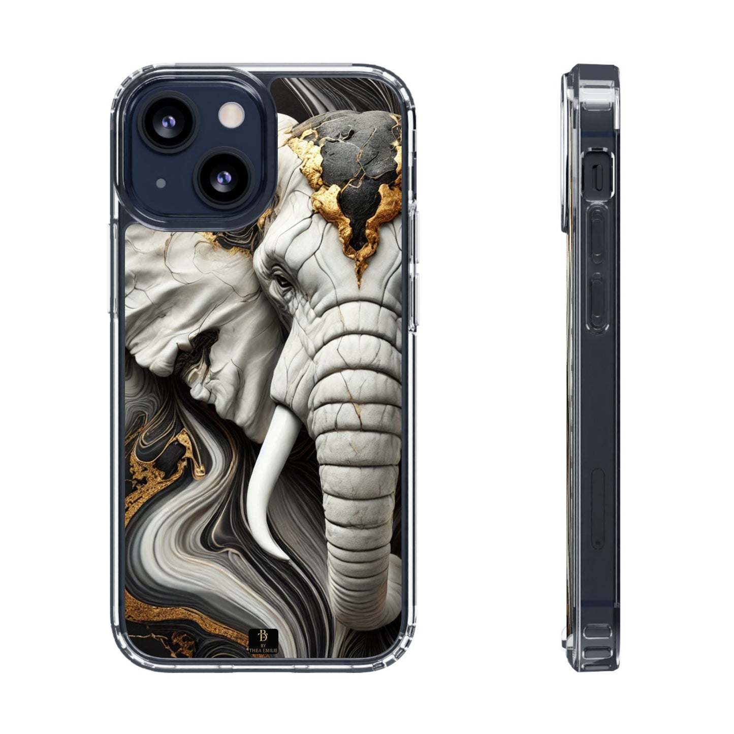 Artistic Elephant Clear Phone Case – Marble & Gold Wildlife Design for iPhone