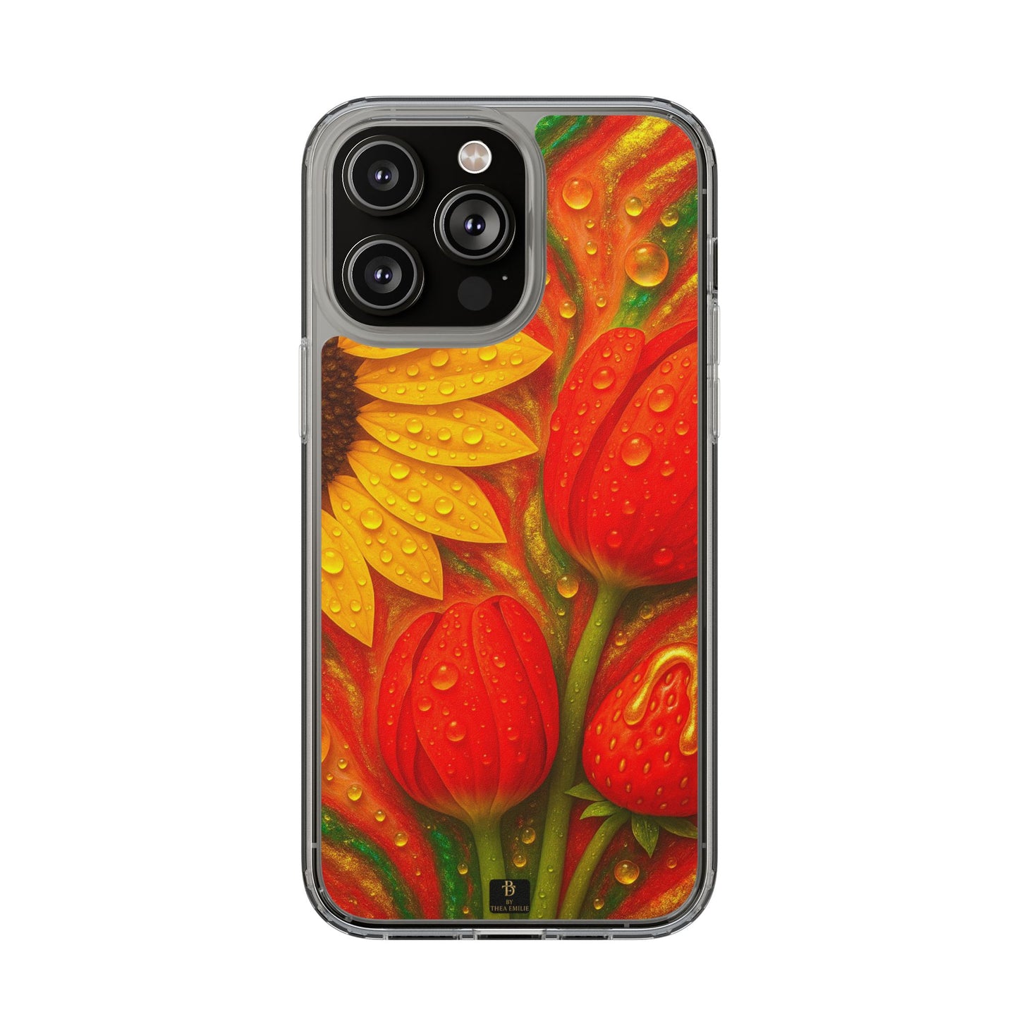 Sunflower Tulips Clear Phone Case - Red Green Gold Marble Design for iPhone