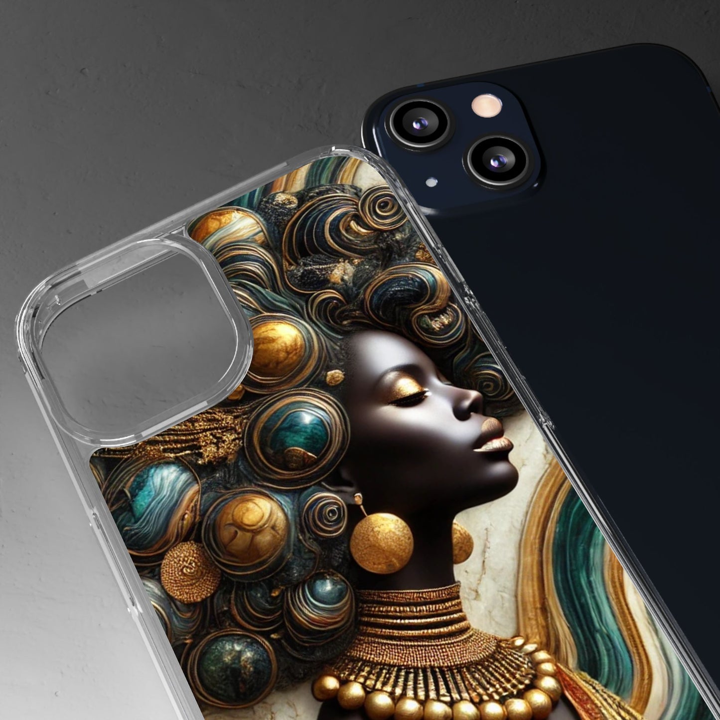 Majestic Queen Clear Phone Case – Afro Art Style with Gold & Teal Accents