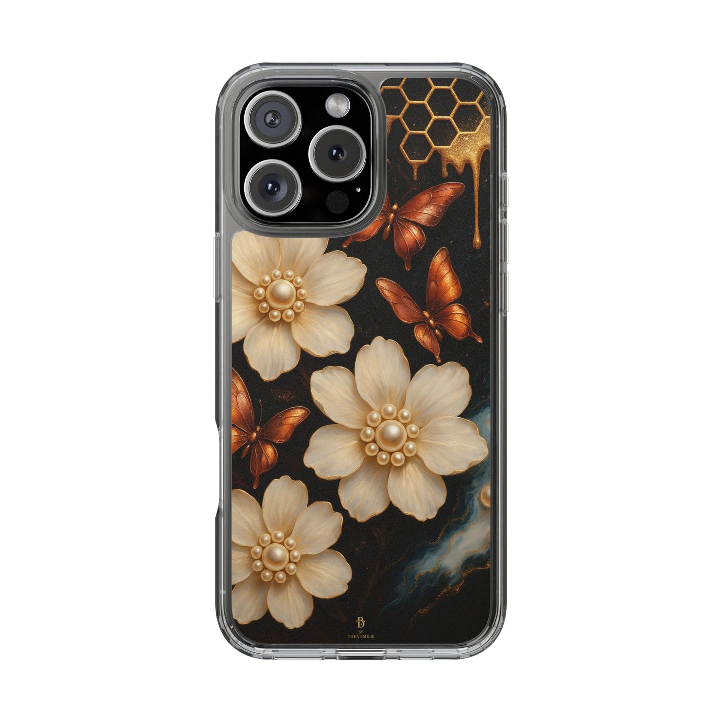 Golden Butterfly & Floral Clear Phone Case – Elegant Pearl & Honeycomb Design for iPhone