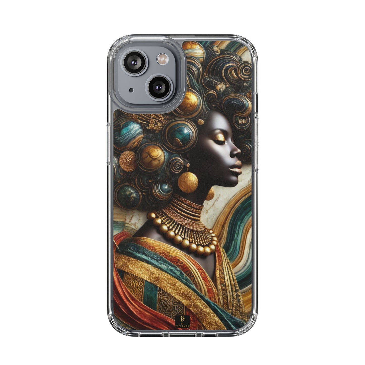 Majestic Queen Clear Phone Case – Afro Art Style with Gold & Teal Accents