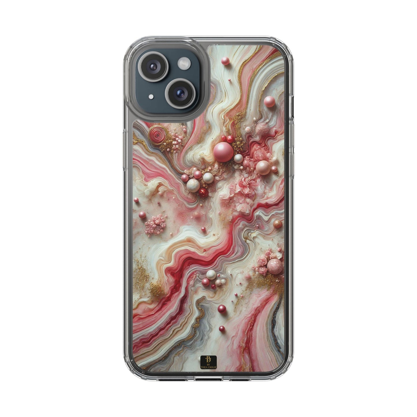 Pink Marble Clear Phone Case – Blush & Gold Abstract Design with Pearls, Compatible with iPhone