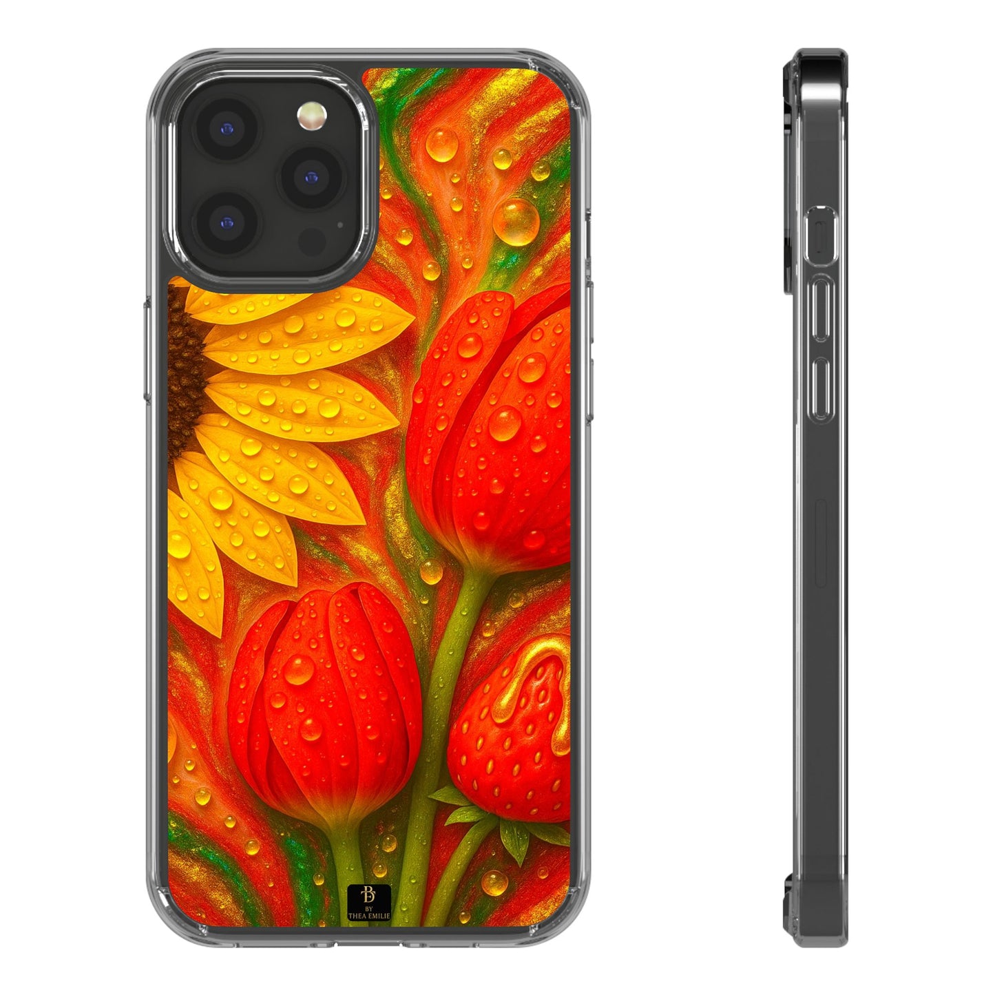Sunflower Tulips Clear Phone Case - Red Green Gold Marble Design for iPhone
