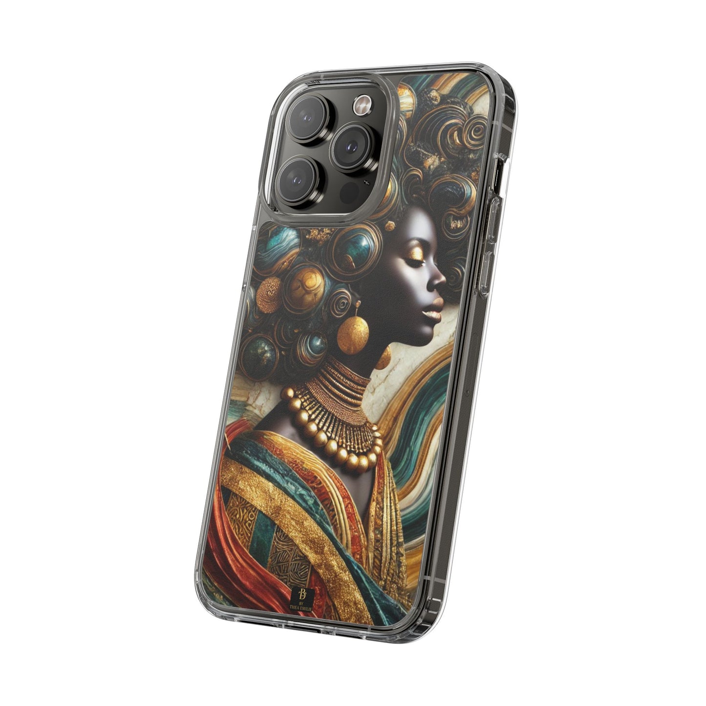 Majestic Queen Clear Phone Case – Afro Art Style with Gold & Teal Accents
