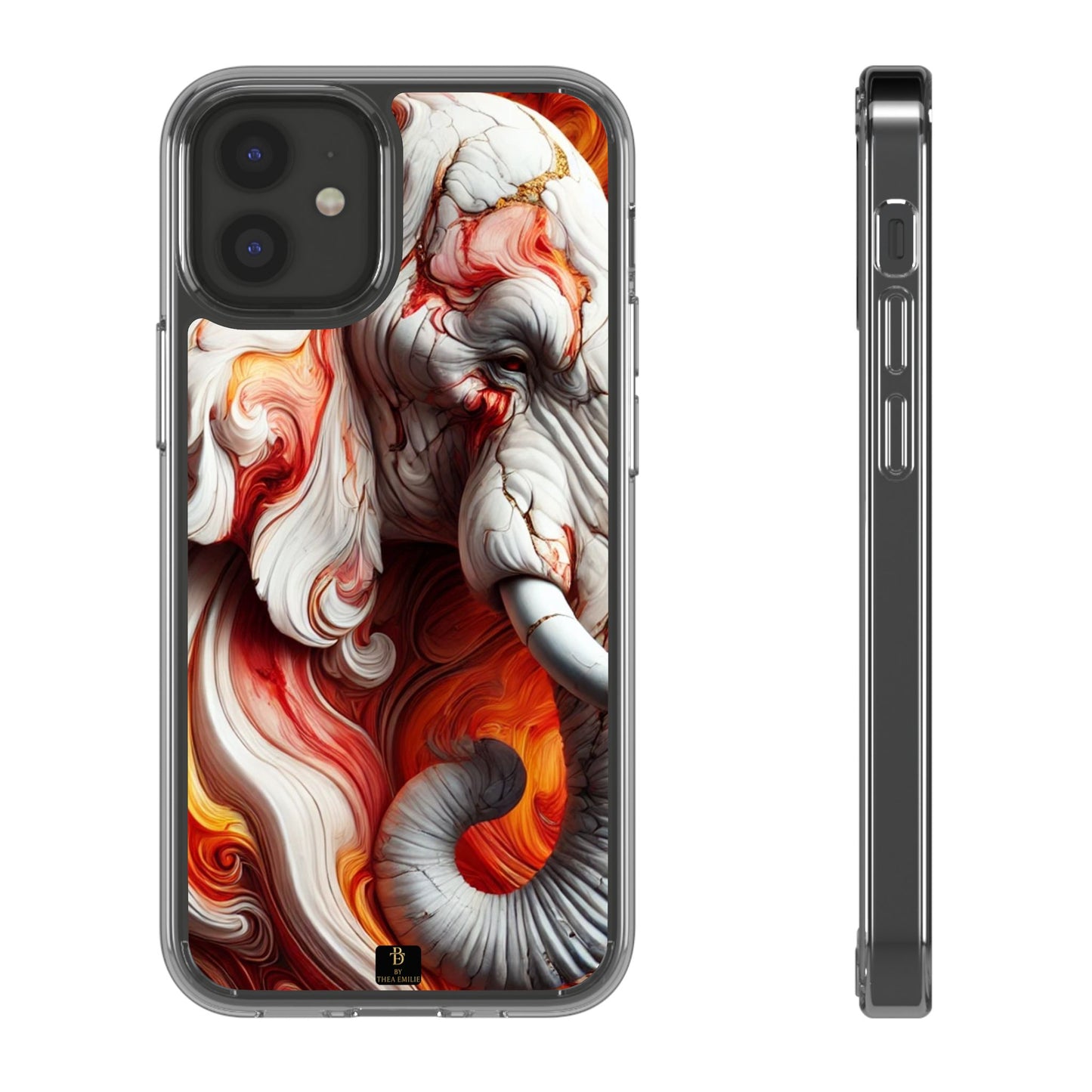 Fiery Marble Elephant Clear Phone Case – Bold Red & Orange Artistic Design for iPhone
