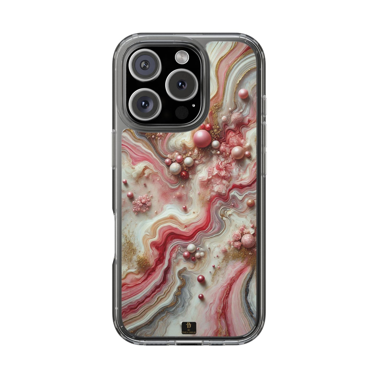 Pink Marble Clear Phone Case – Blush & Gold Abstract Design with Pearls, Compatible with iPhone