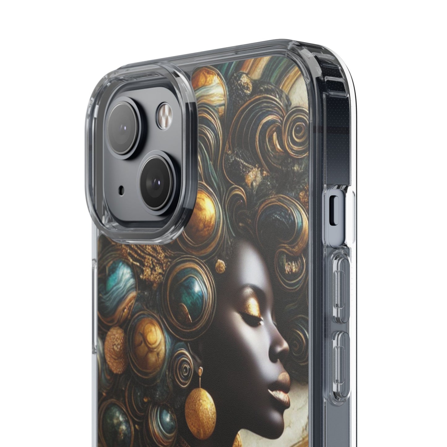 Majestic Queen Clear Phone Case – Afro Art Style with Gold & Teal Accents