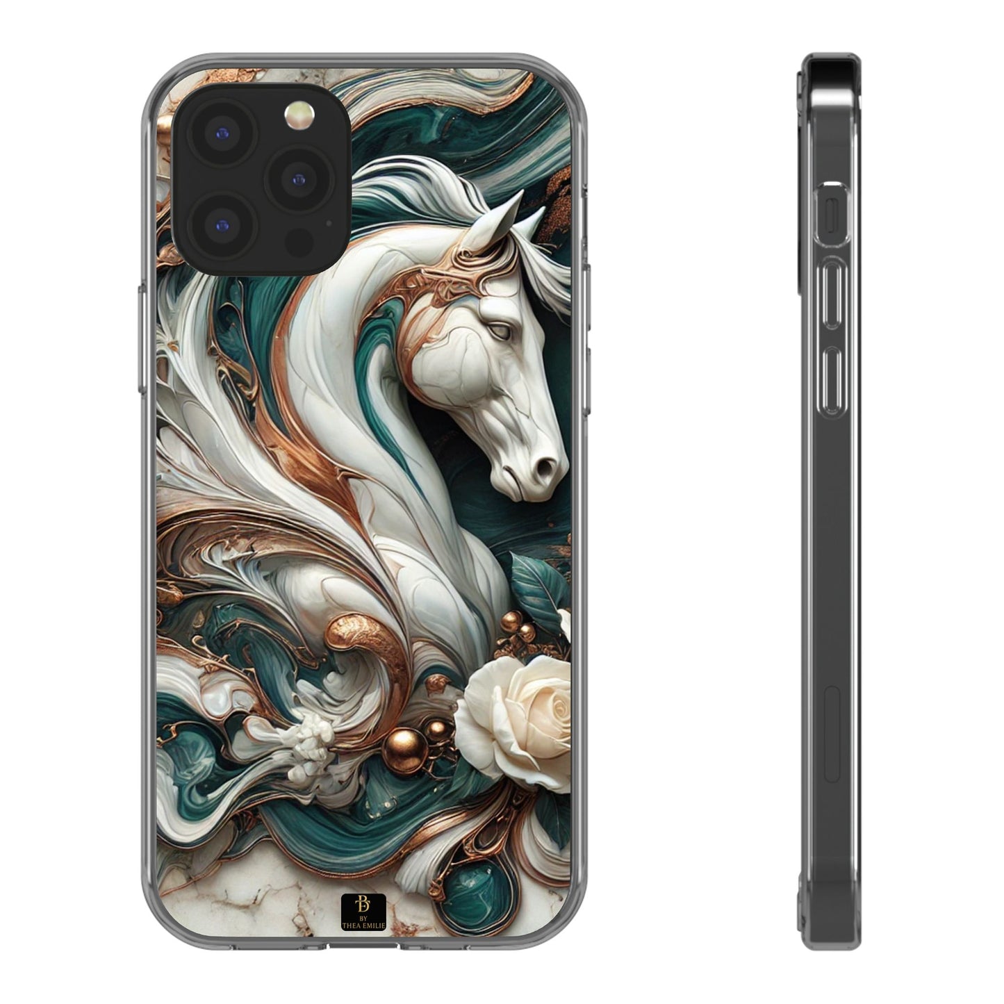 Artistic Horse Clear Phone Case – Teal & Bronze Marble Design with White Rose, Compatible with iPhone