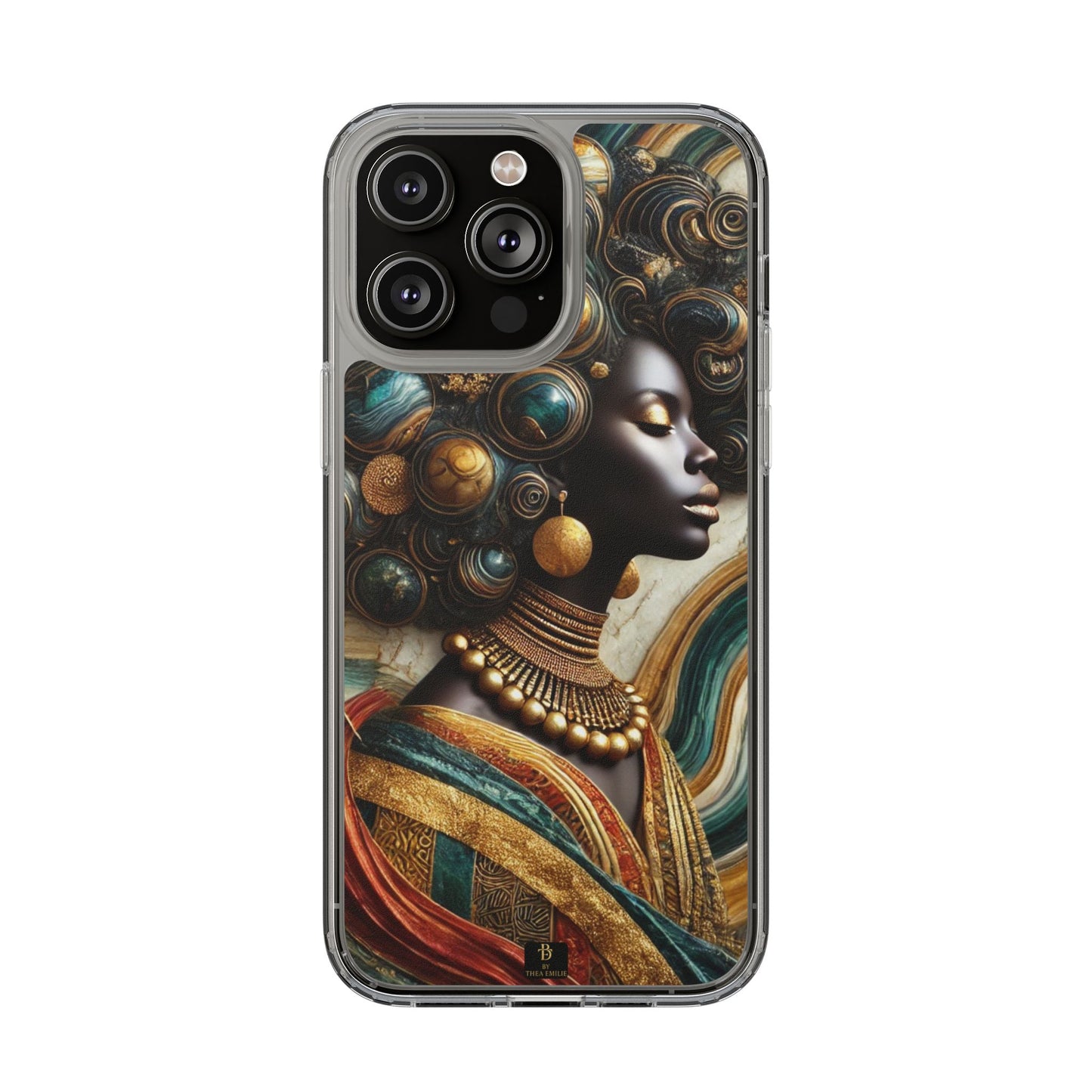 Majestic Queen Clear Phone Case – Afro Art Style with Gold & Teal Accents