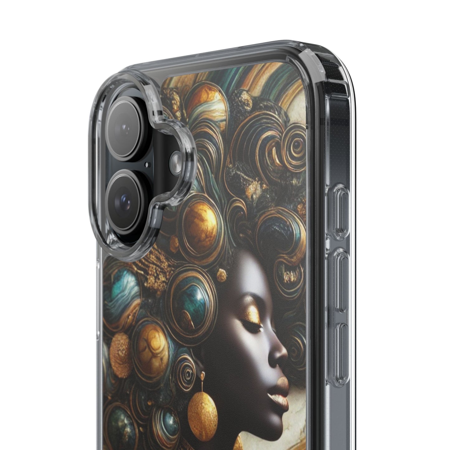 Majestic Queen Clear Phone Case – Afro Art Style with Gold & Teal Accents