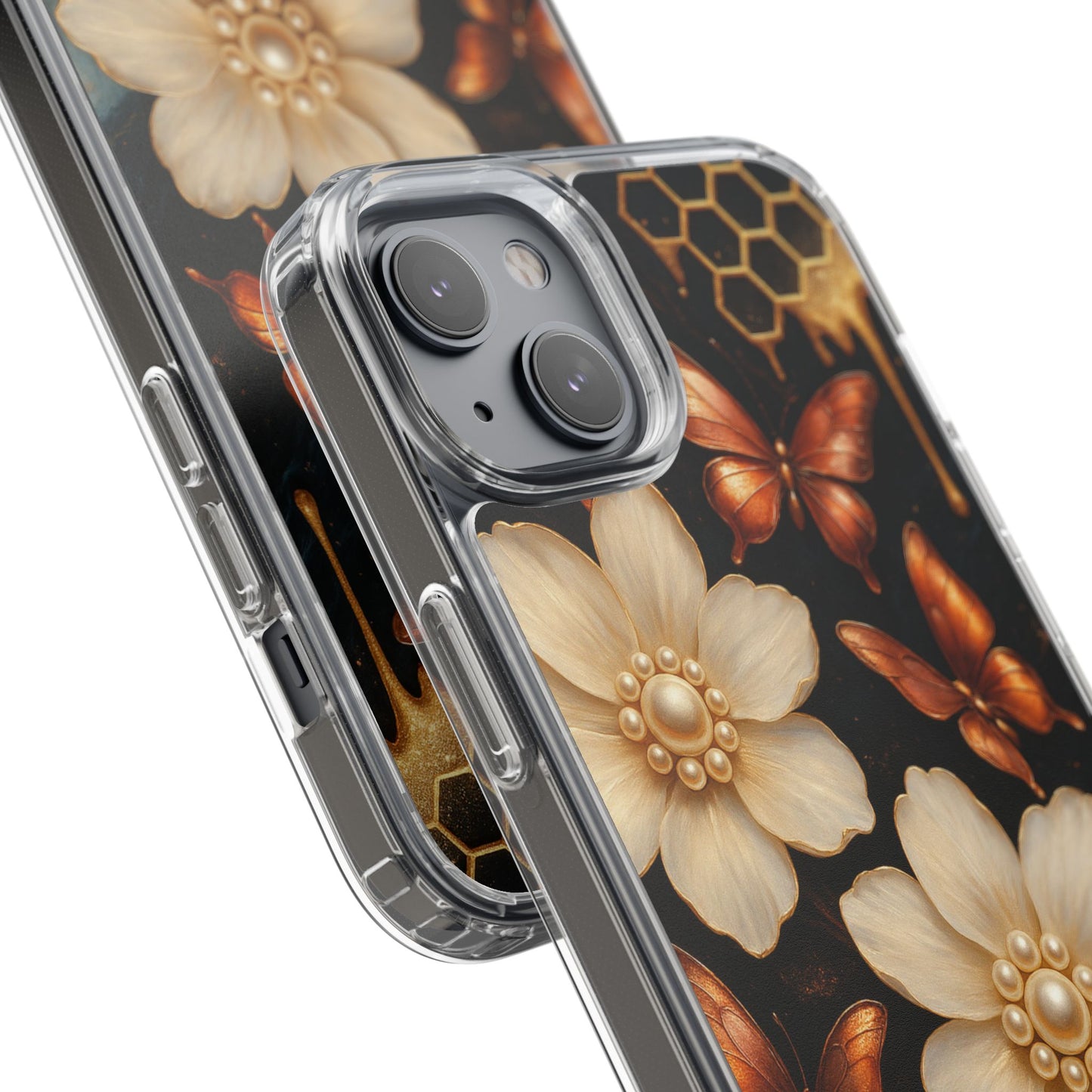 Golden Butterfly & Floral Clear Phone Case – Elegant Pearl & Honeycomb Design for iPhone