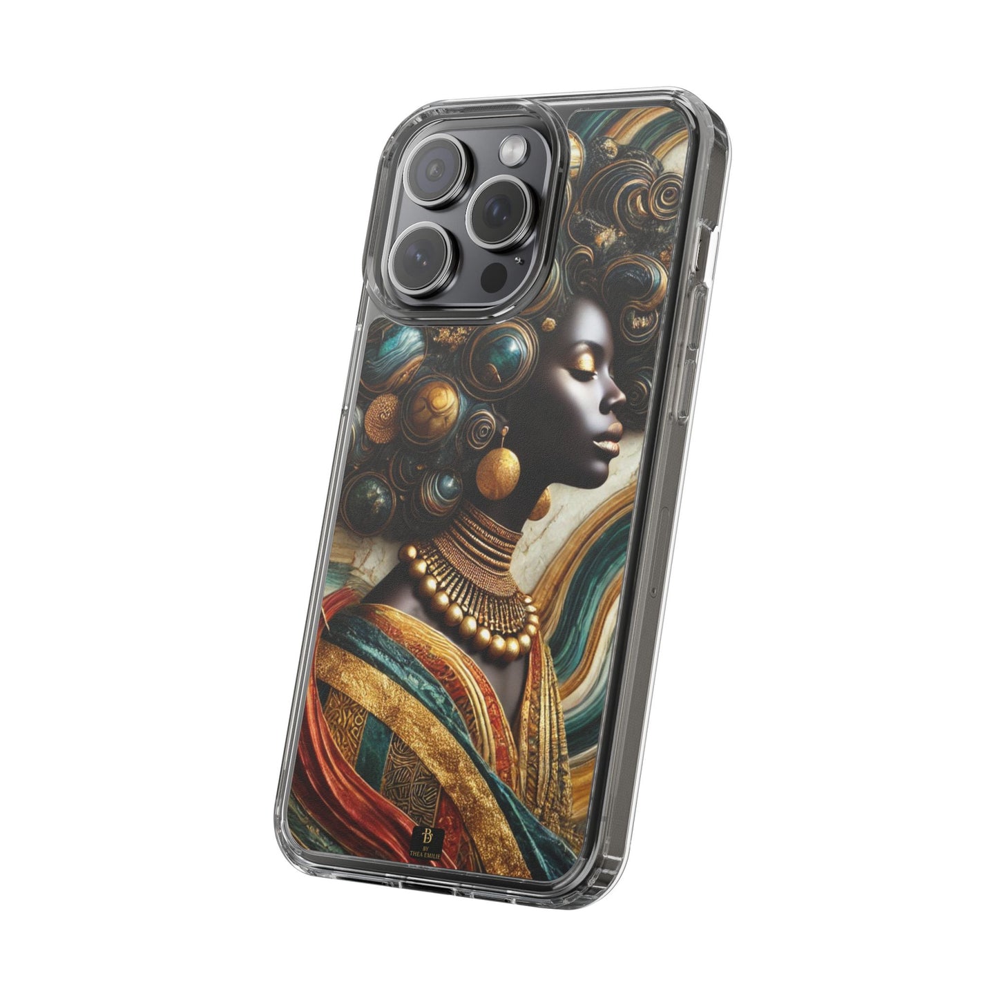 Majestic Queen Clear Phone Case – Afro Art Style with Gold & Teal Accents