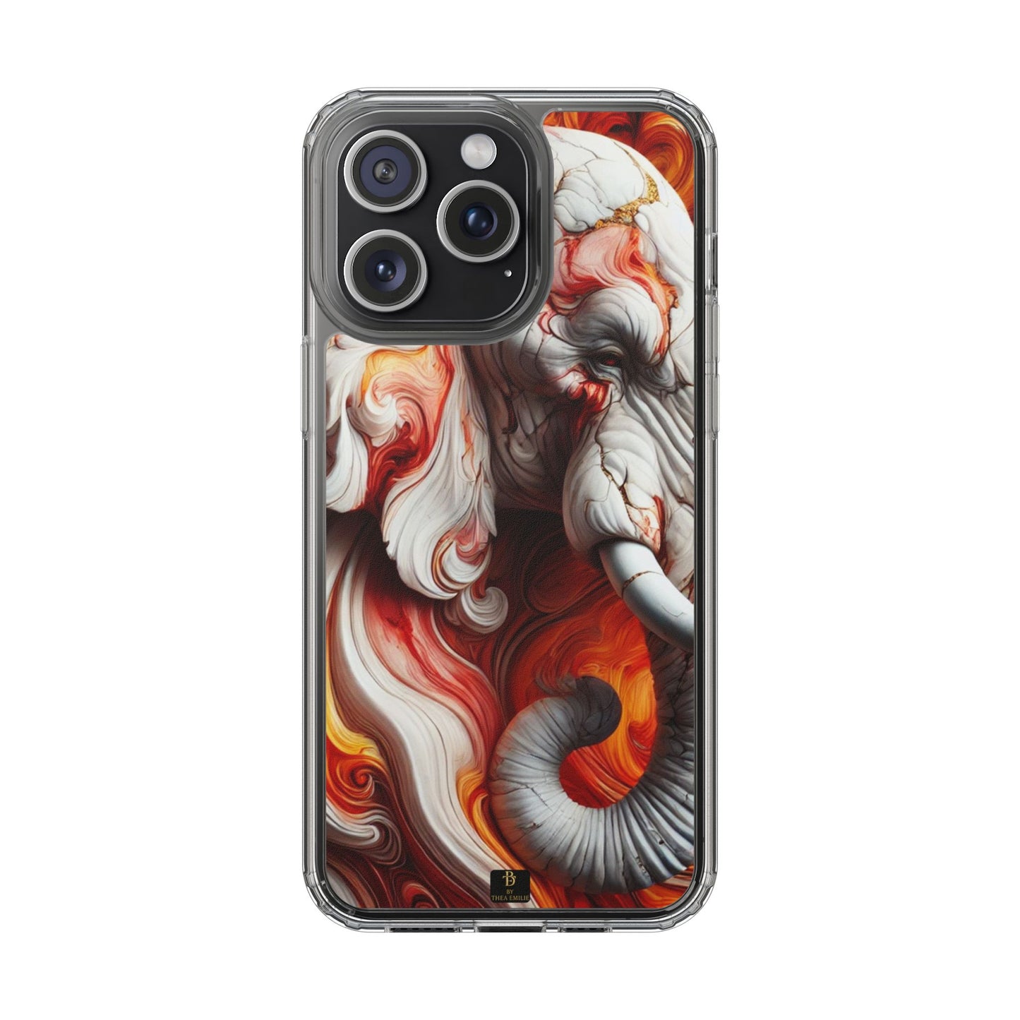 Fiery Marble Elephant Clear Phone Case – Bold Red & Orange Artistic Design for iPhone
