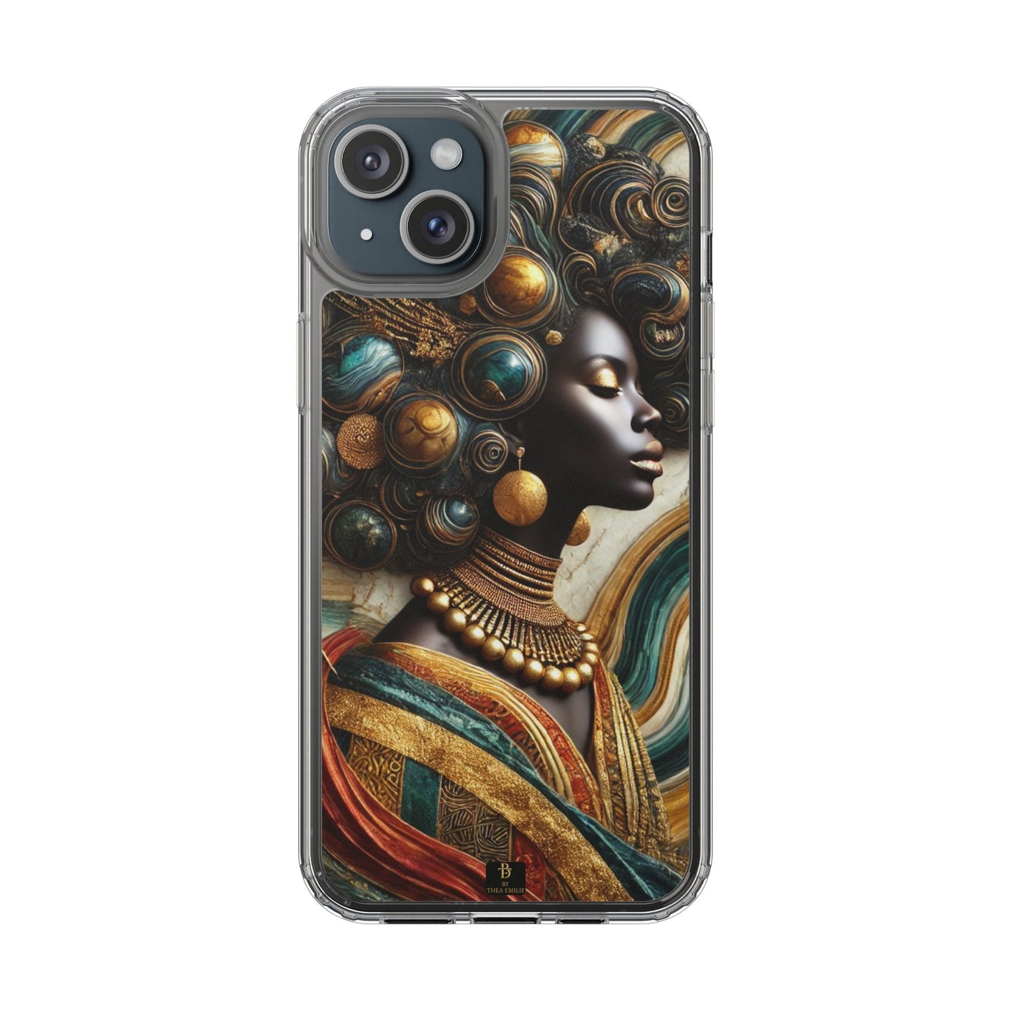 Majestic Queen Clear Phone Case – Afro Art Style with Gold & Teal Accents