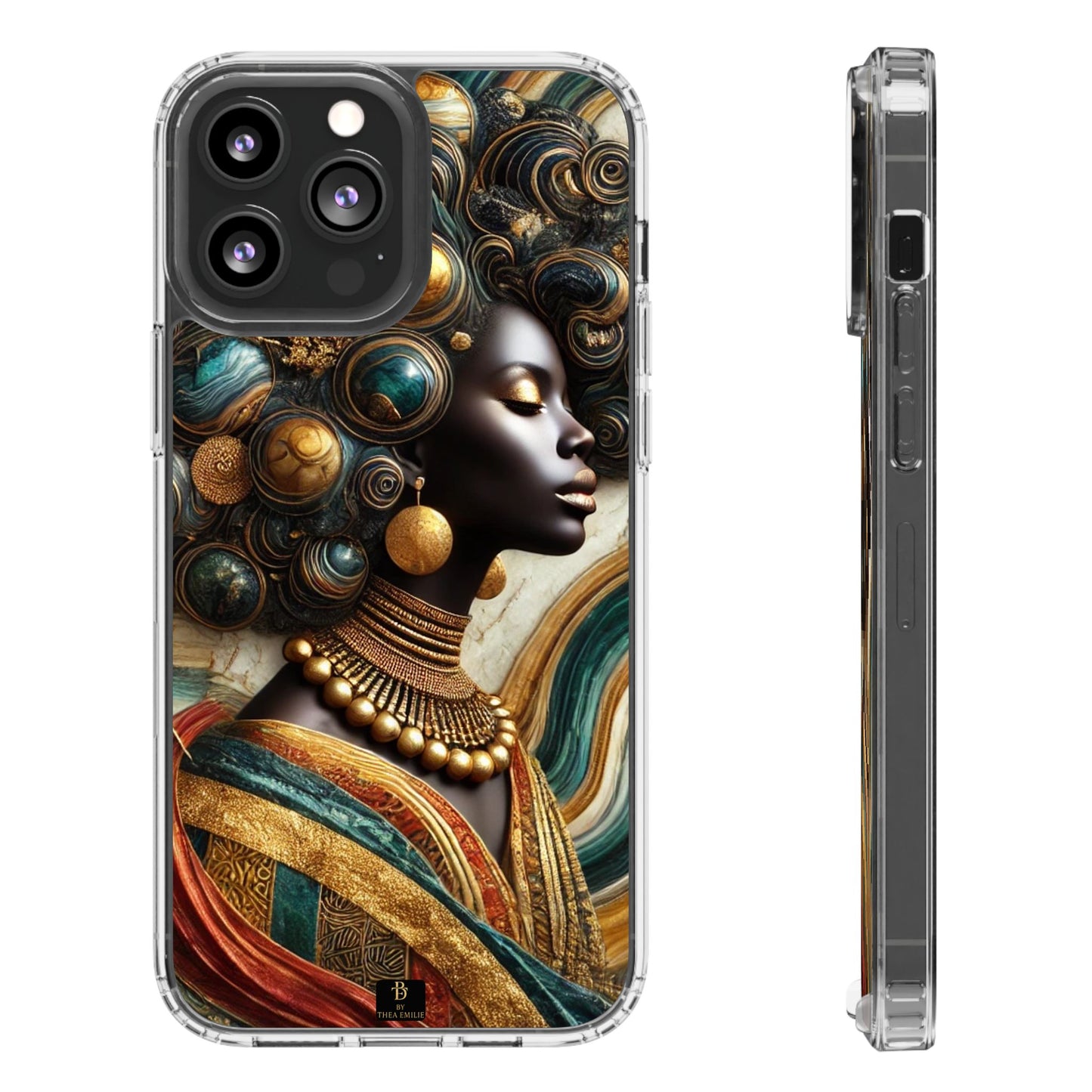 Majestic Queen Clear Phone Case – Afro Art Style with Gold & Teal Accents