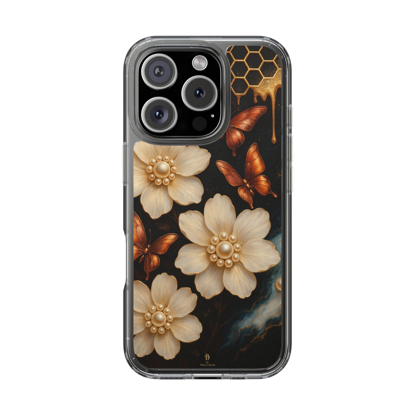 Golden Butterfly & Floral Clear Phone Case – Elegant Pearl & Honeycomb Design for iPhone
