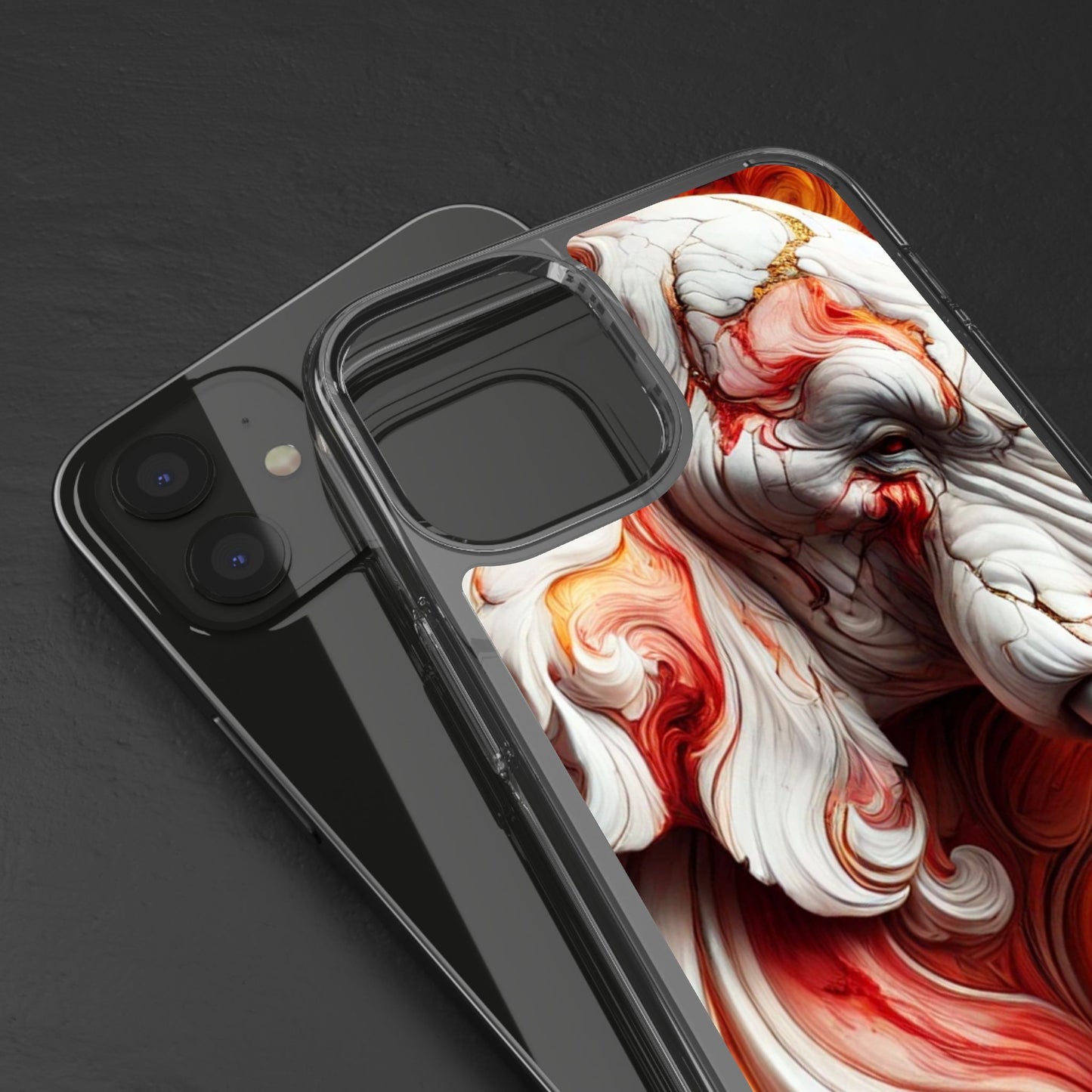 Fiery Marble Elephant Clear Phone Case – Bold Red & Orange Artistic Design for iPhone
