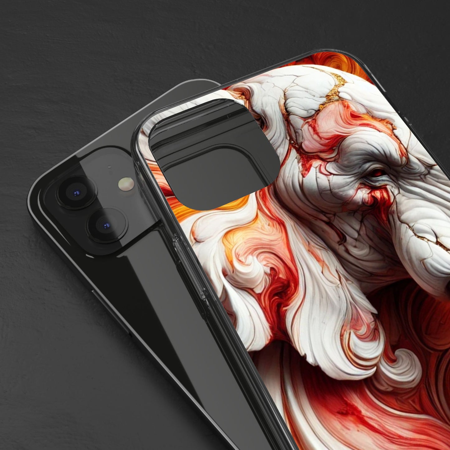 Fiery Marble Elephant Clear Phone Case – Bold Red & Orange Artistic Design for iPhone