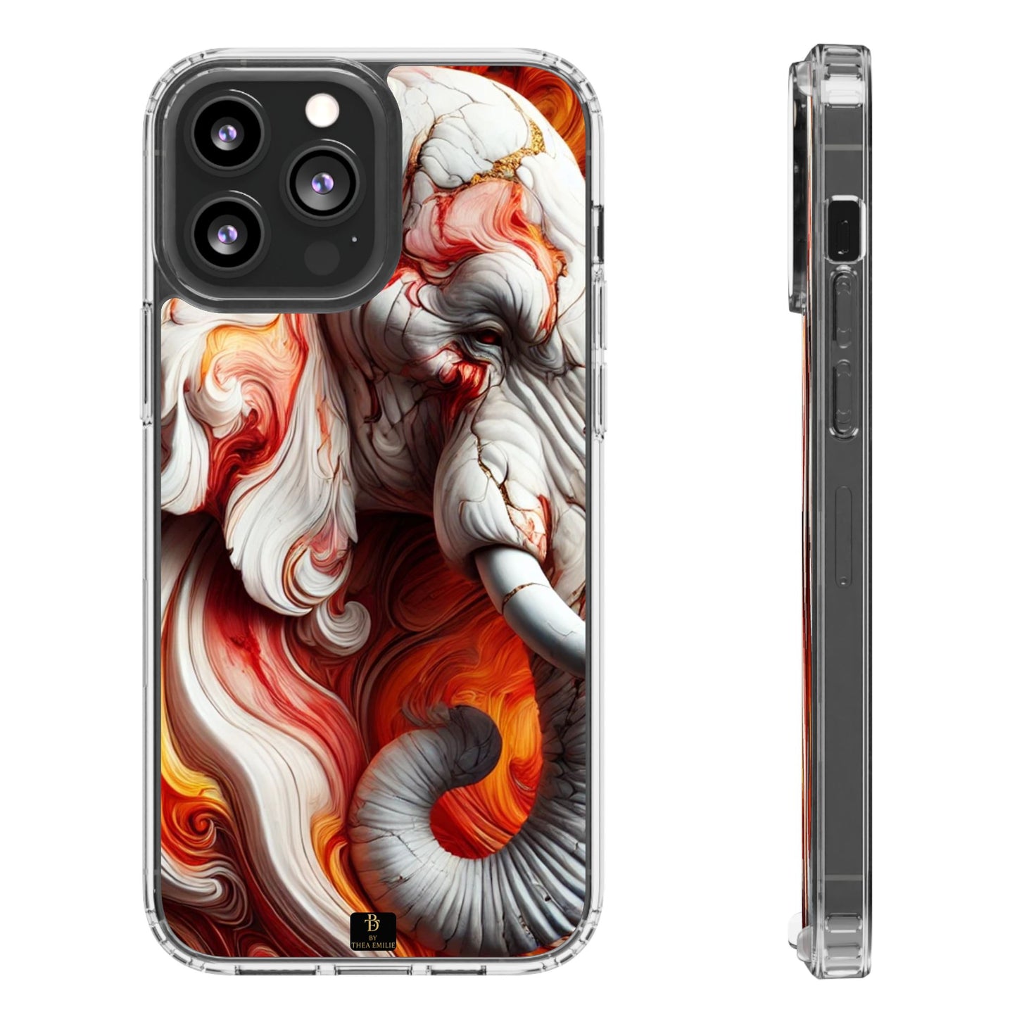 Fiery Marble Elephant Clear Phone Case – Bold Red & Orange Artistic Design for iPhone