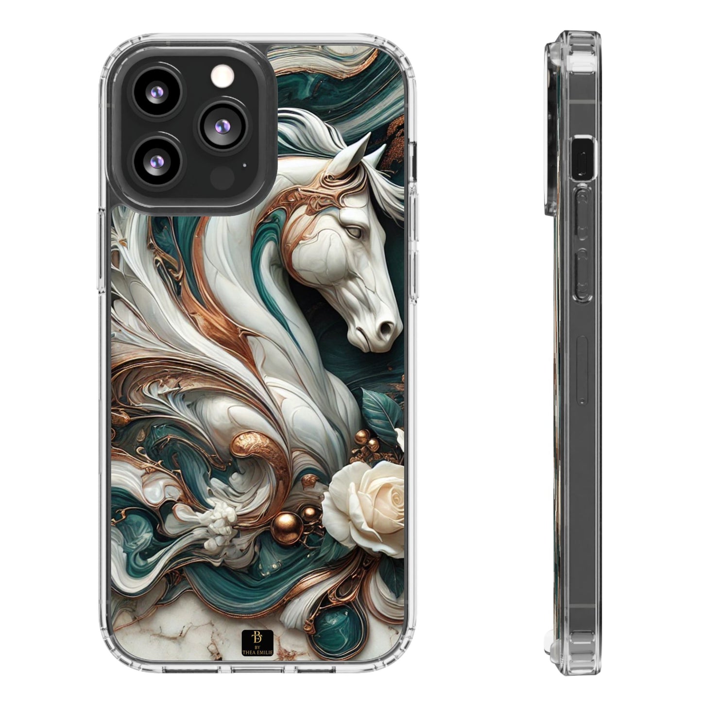 Artistic Horse Clear Phone Case – Teal & Bronze Marble Design with White Rose, Compatible with iPhone